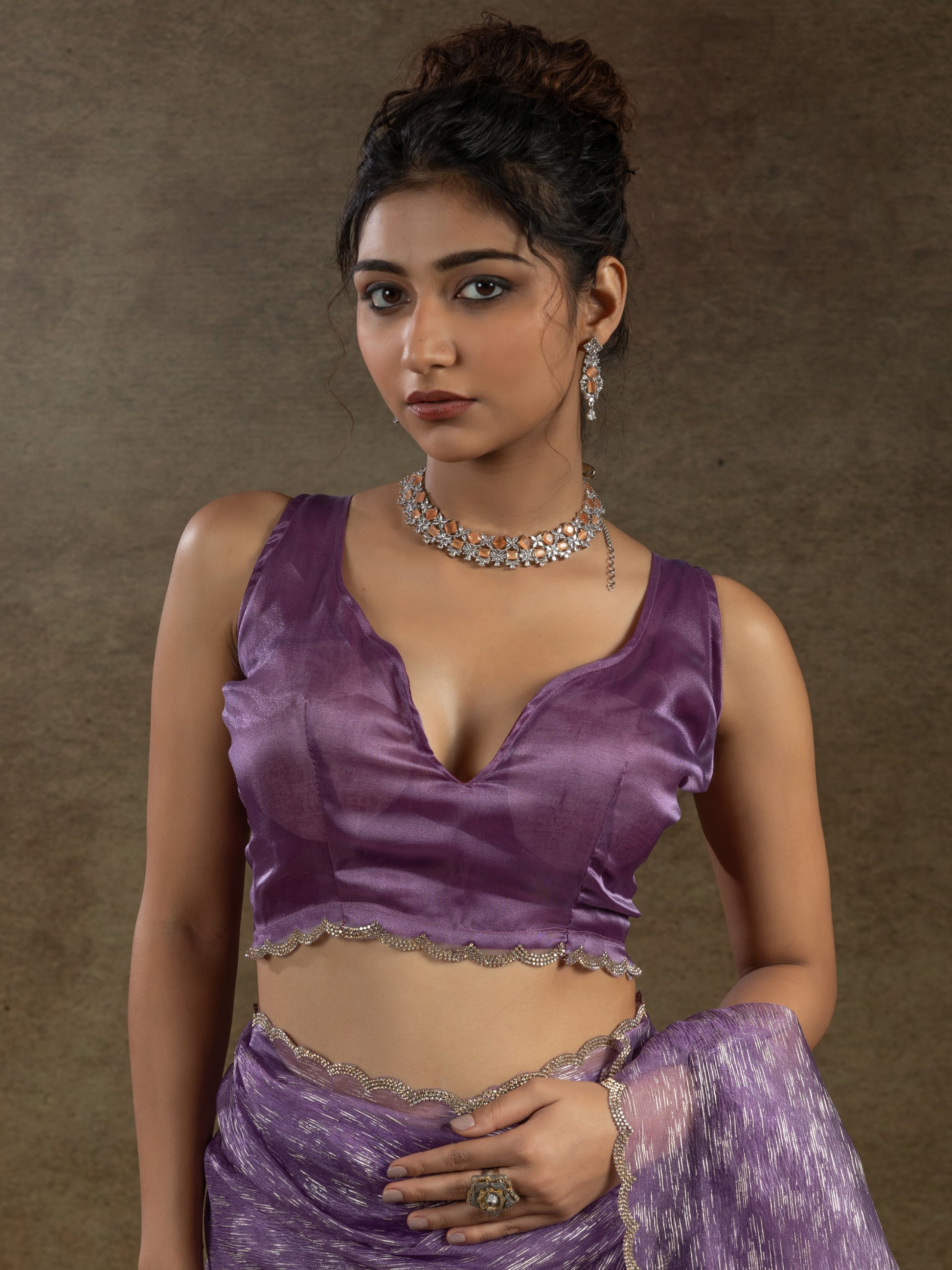 Alluring Purple Zari Weaving Organza Reception Wear Pre-Stitched Saree