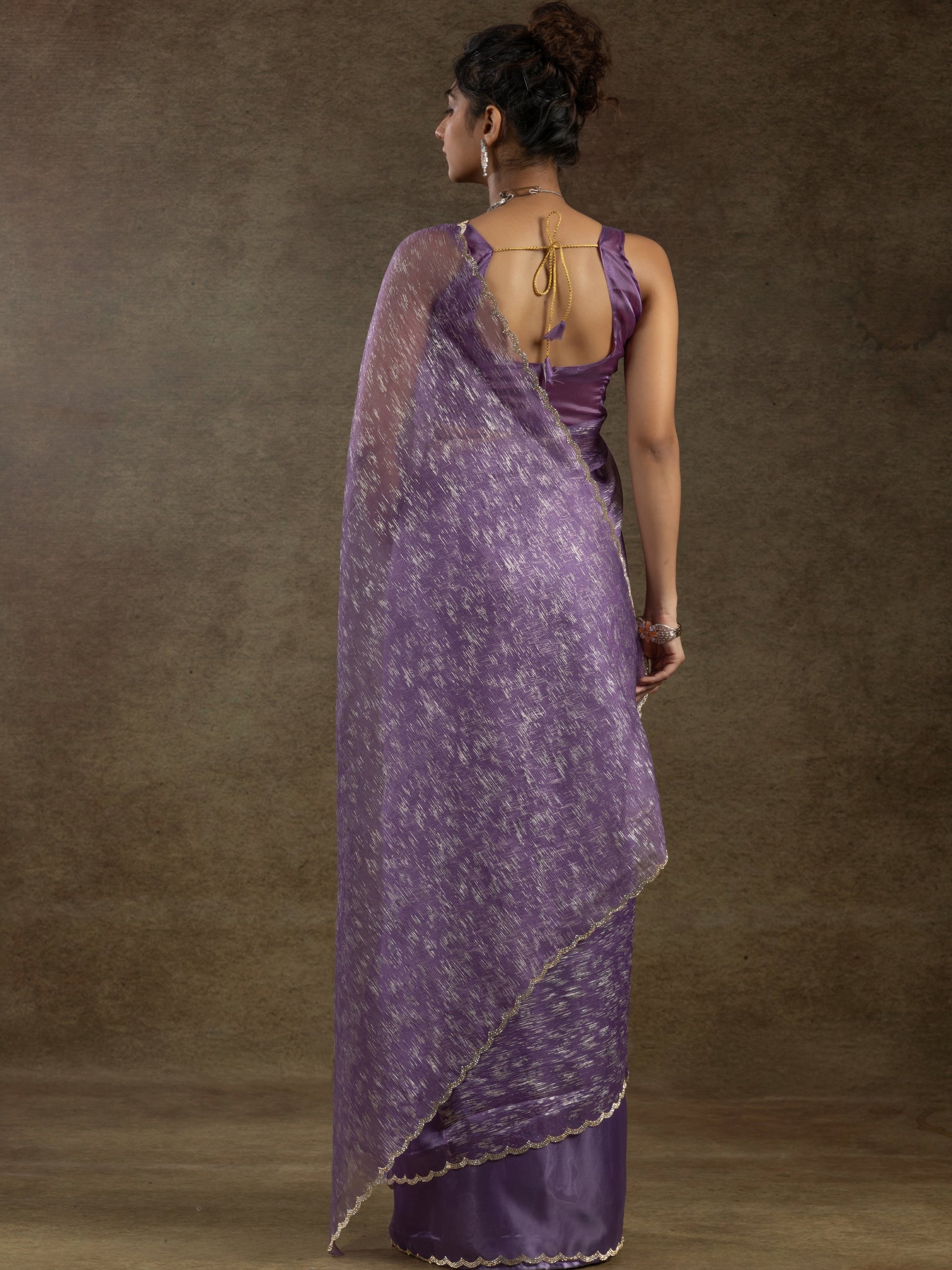 Alluring Purple Zari Weaving Organza Reception Wear Pre-Stitched Saree