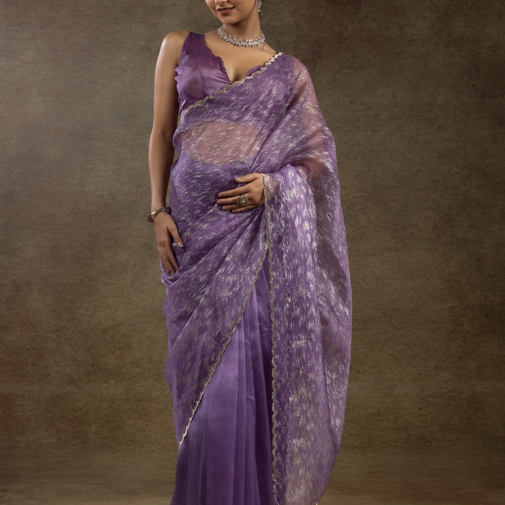 Alluring Purple Zari Weaving Organza Reception Wear Pre-Stitched Saree
