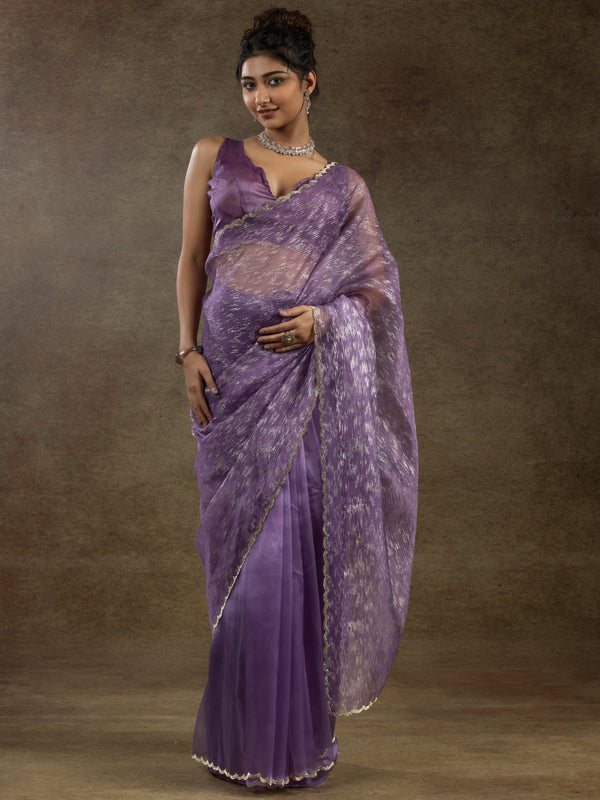 Alluring Purple Zari Weaving Organza Reception Wear Pre-Stitched Saree