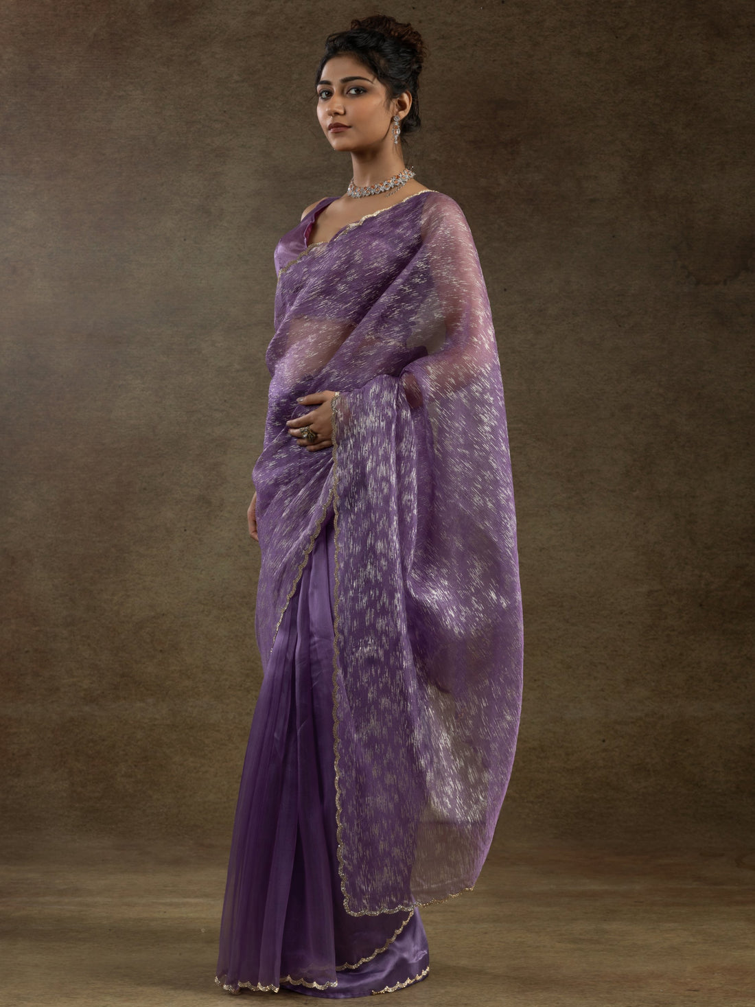 Alluring Purple Zari Weaving Organza Reception Wear Pre-Stitched Saree