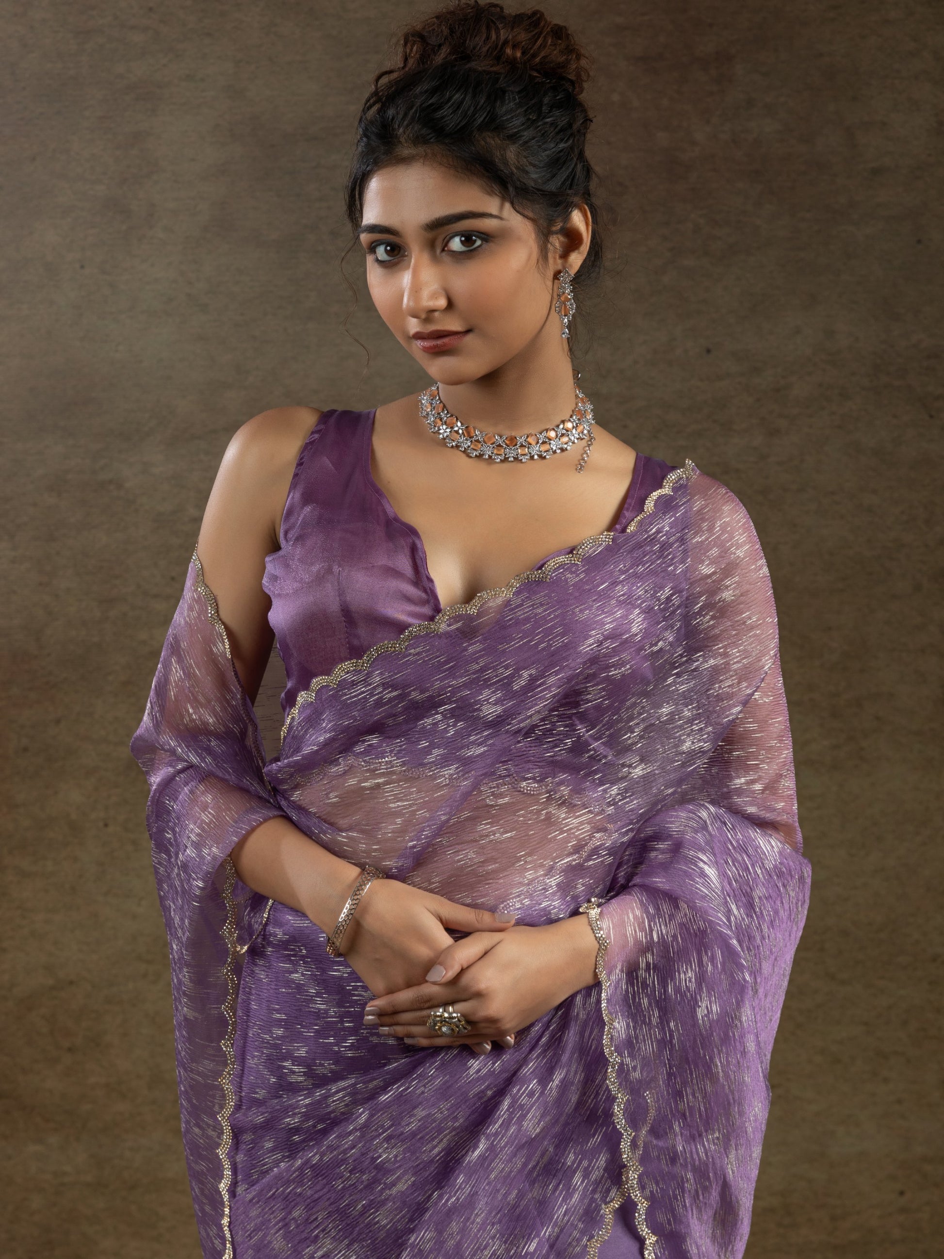 Alluring Purple Zari Weaving Organza Reception Wear Pre-Stitched Saree