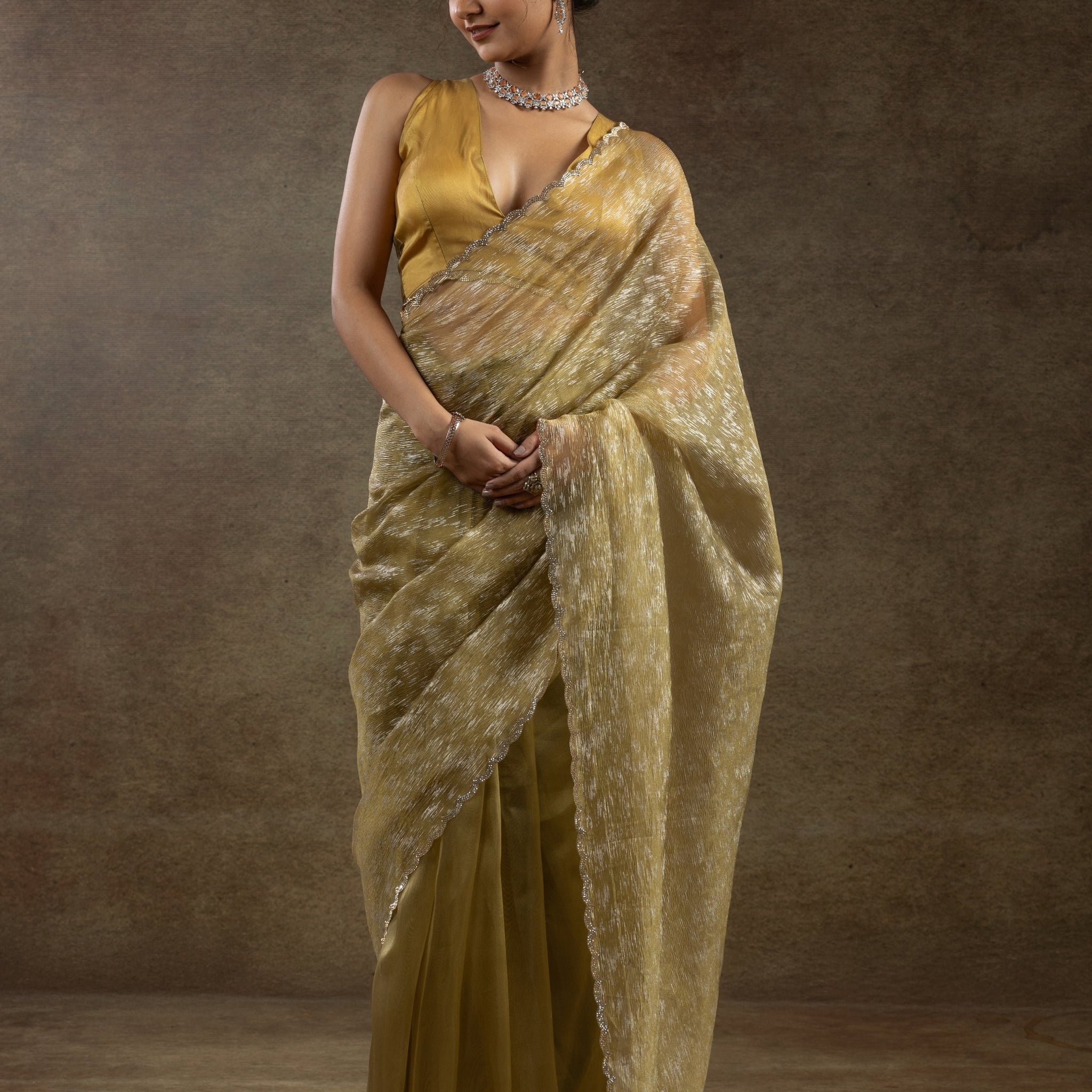 Amazing Mustard Yellow Zari Weaving Organza Festive Wear Pre-Stitched Saree