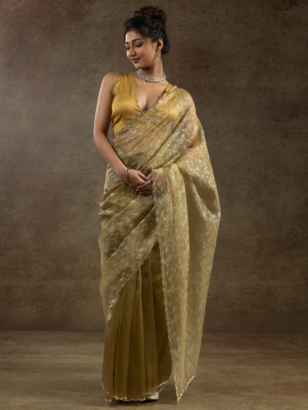 Amazing Mustard Yellow Zari Weaving Organza Festive Wear Pre-Stitched Saree