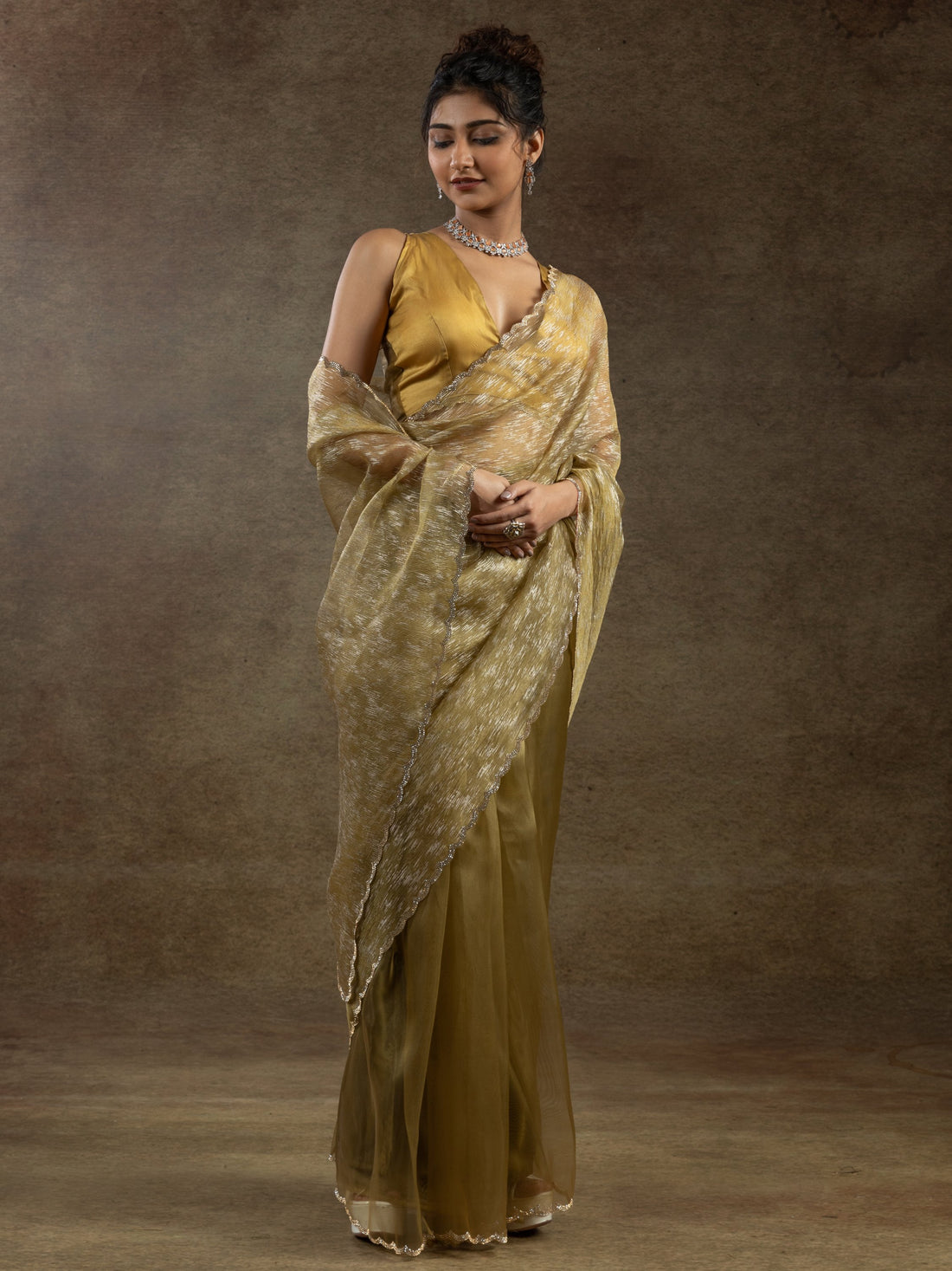 Amazing Mustard Yellow Zari Weaving Organza Festive Wear Pre-Stitched Saree