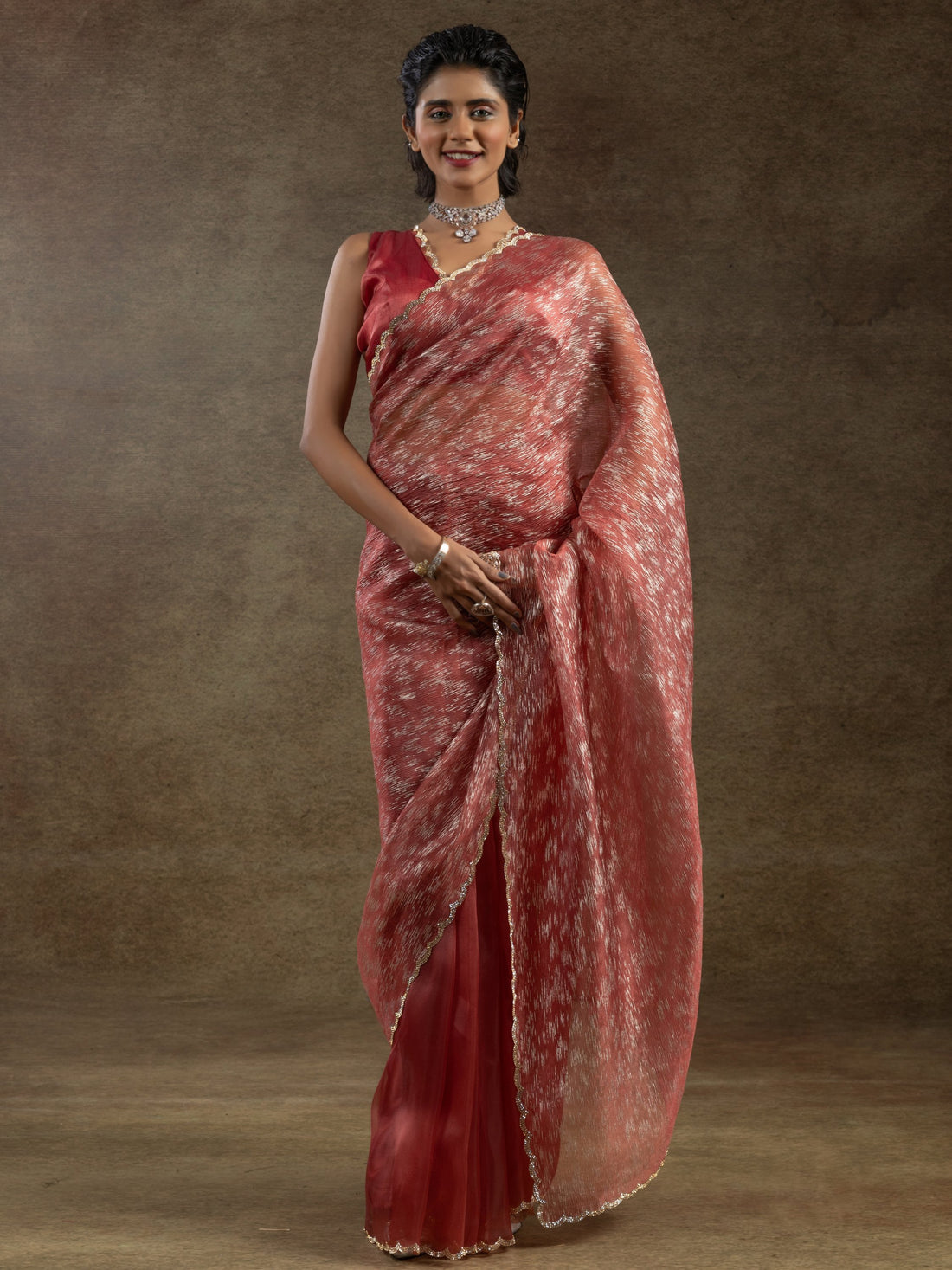 Astonishing Dark Peach Zari Weaving Organza Designer Pre-Stitched Saree