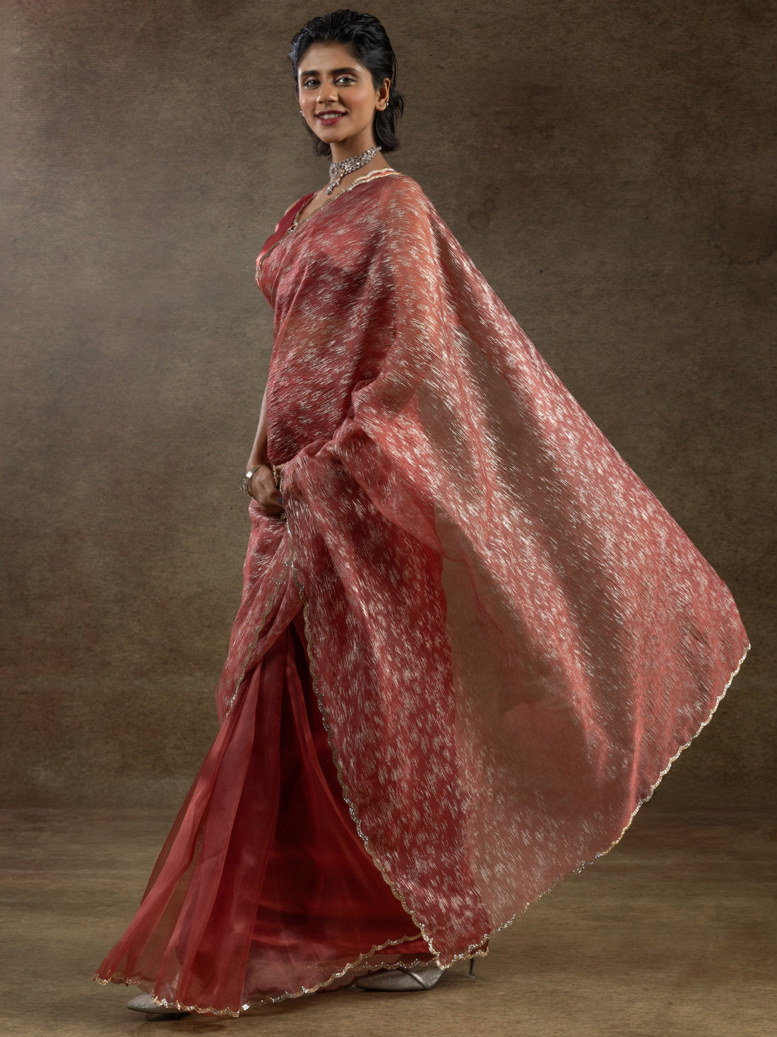 Astonishing Dark Peach Zari Weaving Organza Designer Pre-Stitched Saree
