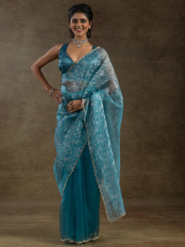 Charming Teal Blue Zari Weaving Organza Reception Wear Pre-Stitched Saree