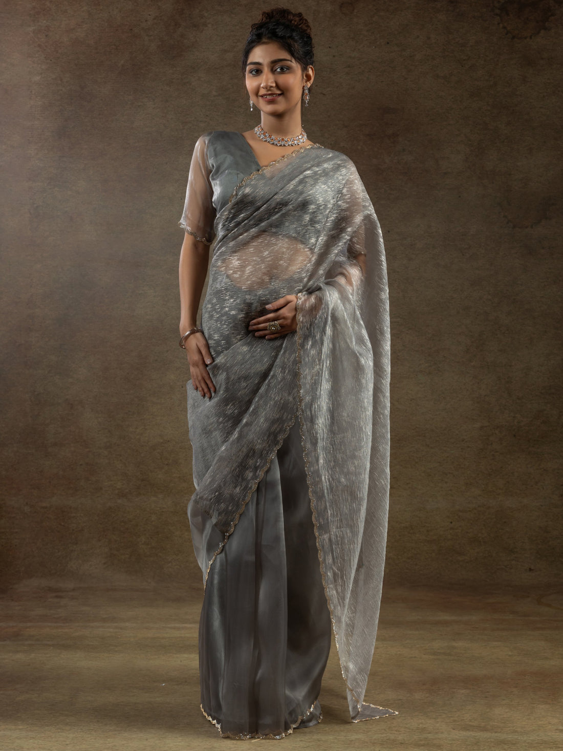 Precious Grey Zari Weaving Organza Event Wear Pre-Stitched Saree
