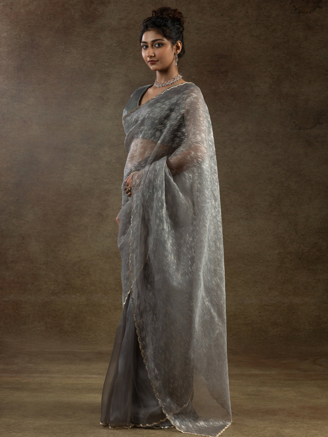 Precious Grey Zari Weaving Organza Event Wear Pre-Stitched Saree
