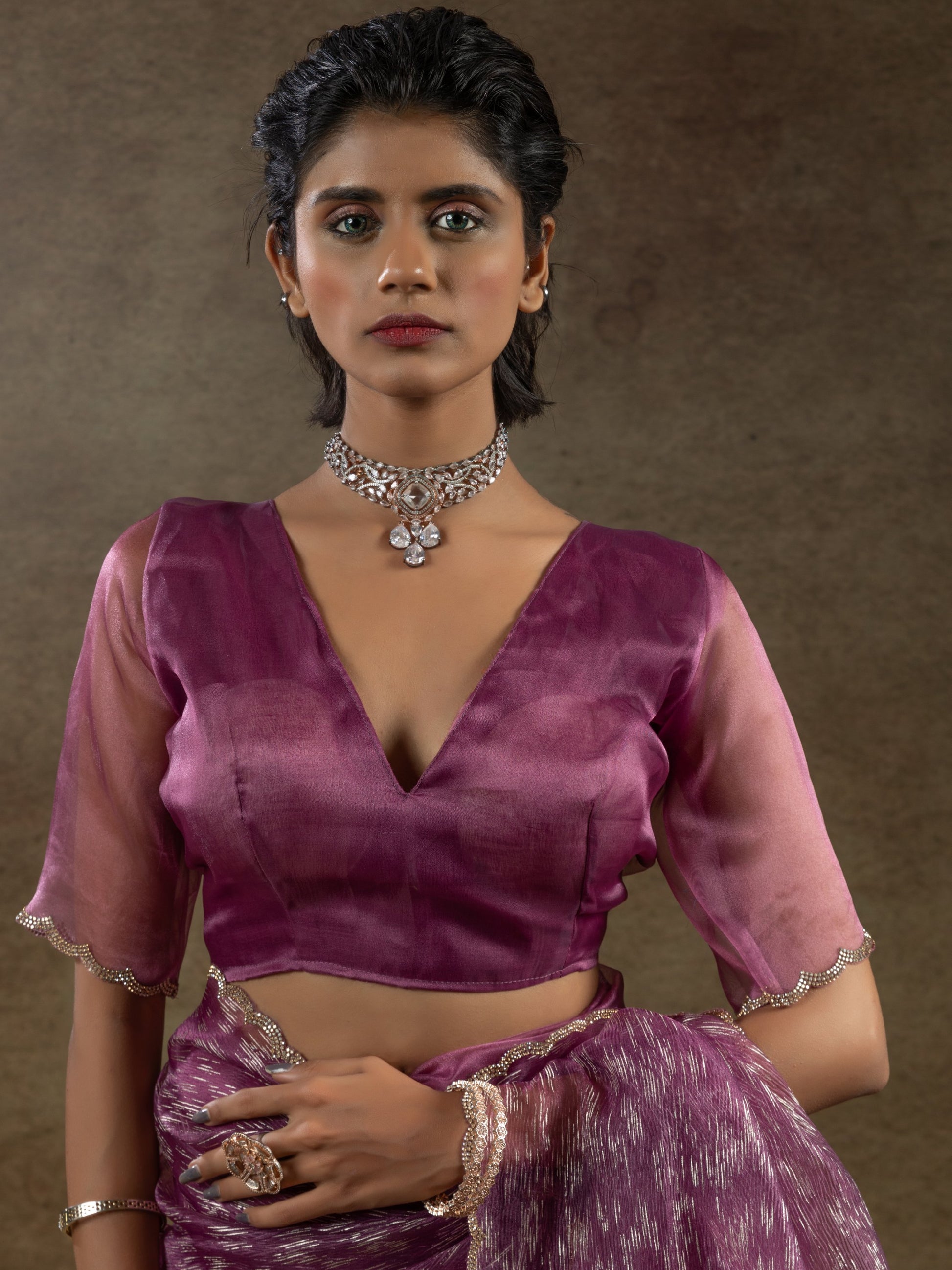 Dazzling Magenta Zari Weaving Organza Bollywood Pre-Stitched Saree With Blouse