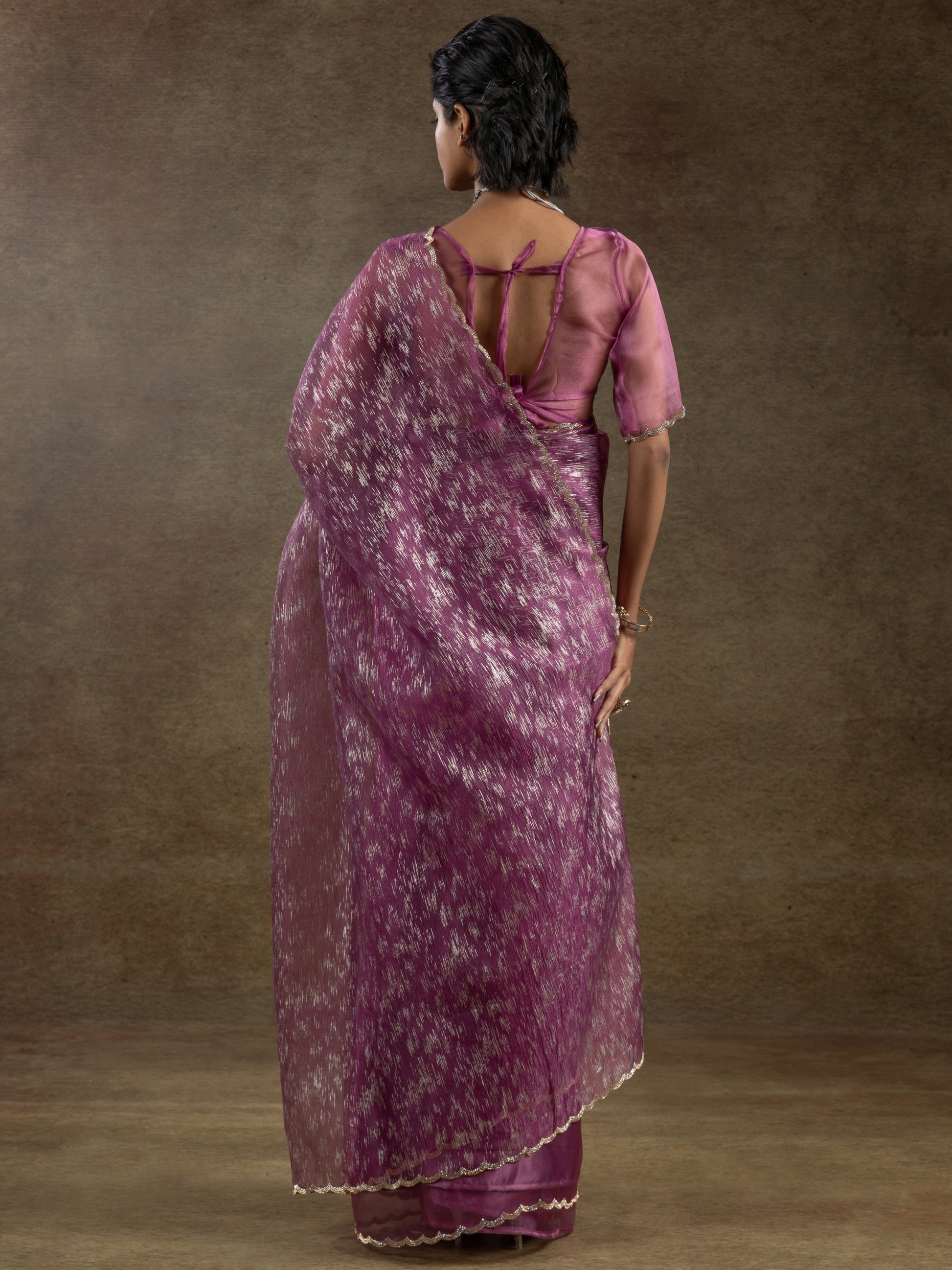 Dazzling Magenta Zari Weaving Organza Bollywood Pre-Stitched Saree With Blouse