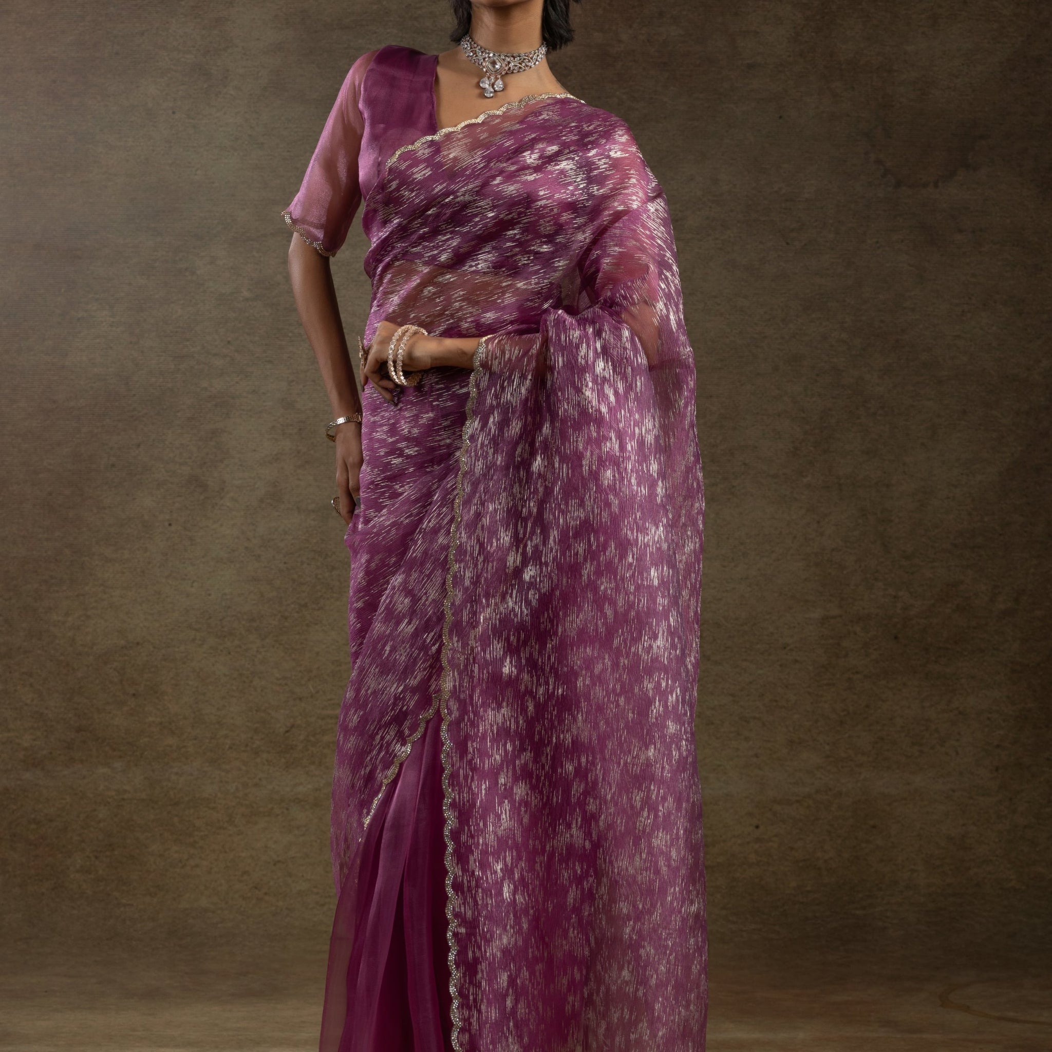 Dazzling Magenta Zari Weaving Organza Bollywood Pre-Stitched Saree With Blouse