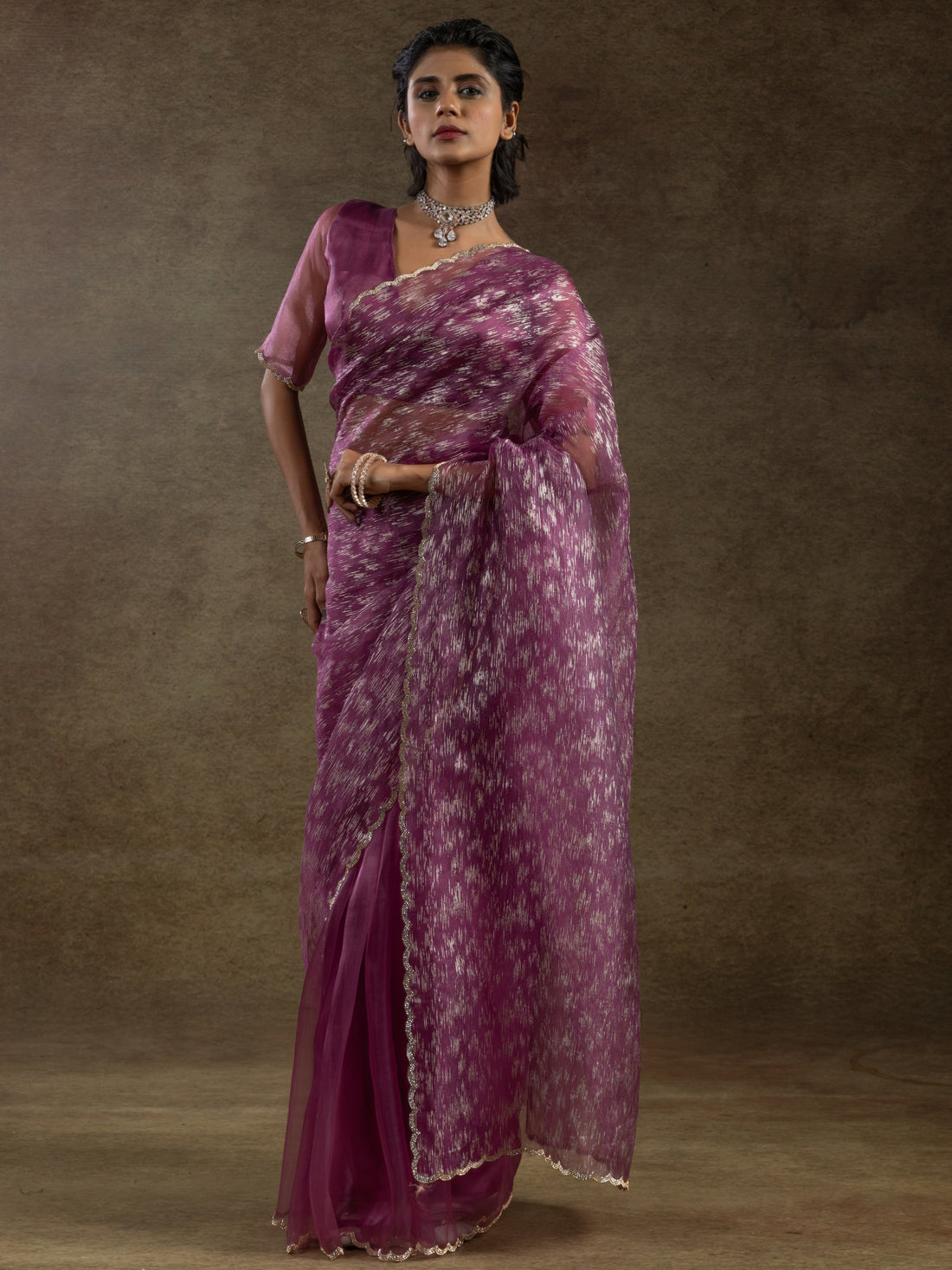 Dazzling Magenta Zari Weaving Organza Bollywood Pre-Stitched Saree With Blouse