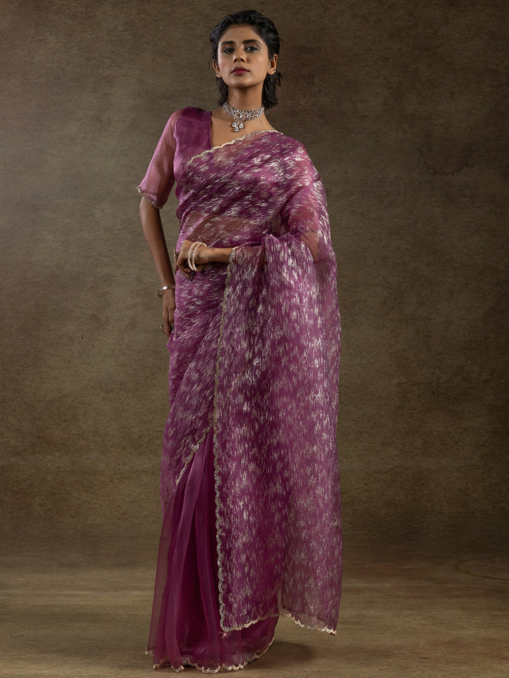Dazzling Magenta Zari Weaving Organza Bollywood Pre-Stitched Saree With Blouse