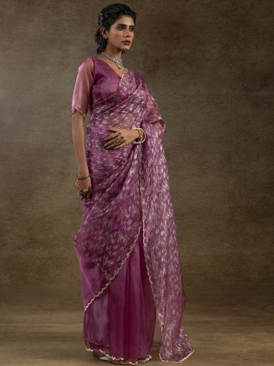 Dazzling Magenta Zari Weaving Organza Bollywood Pre-Stitched Saree With Blouse
