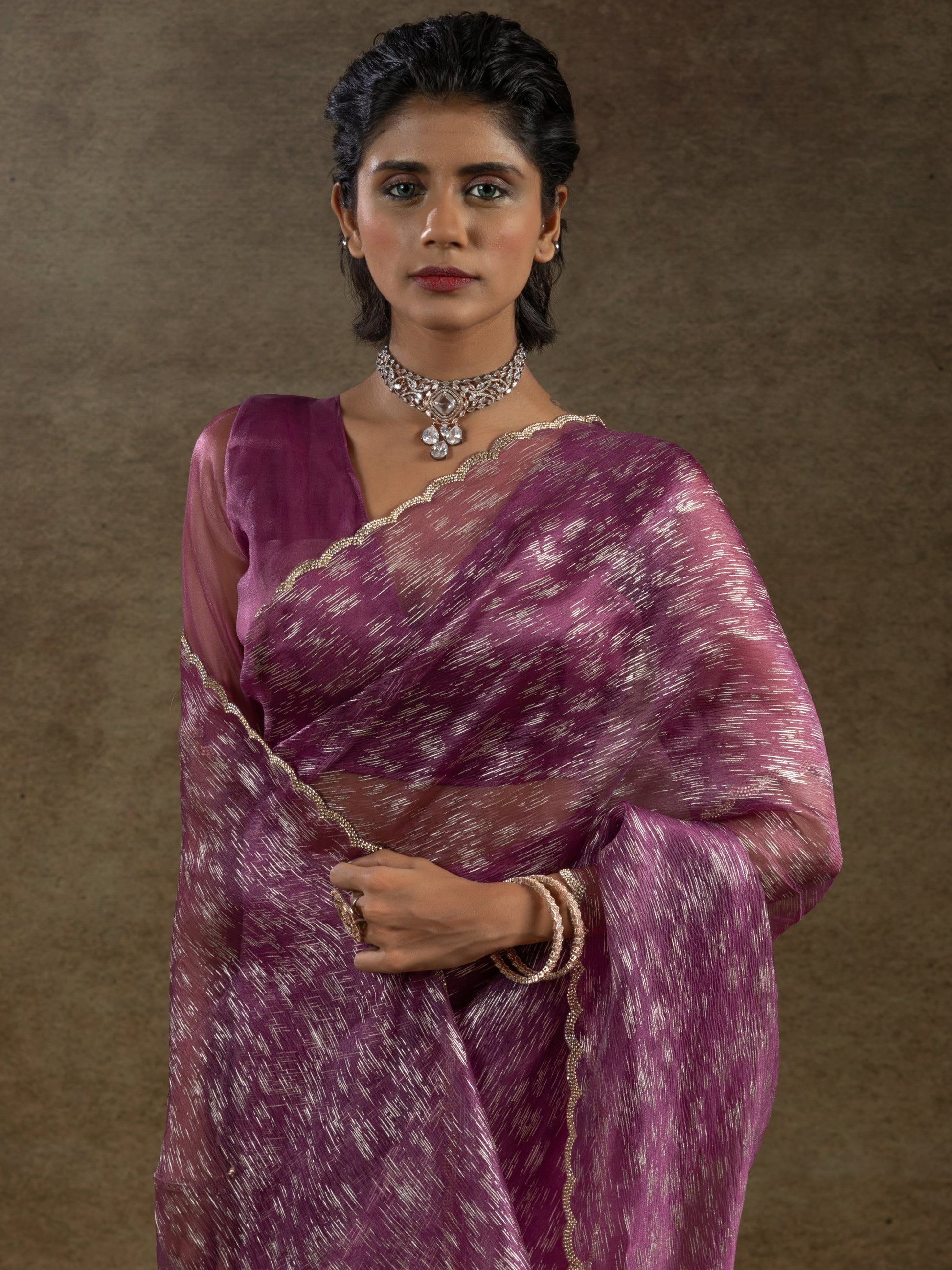 Dazzling Magenta Zari Weaving Organza Bollywood Pre-Stitched Saree With Blouse