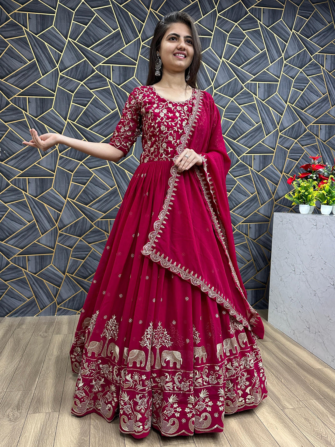 Charming Red Thread Work Georgette Wedding Wear Gown With Dupatta