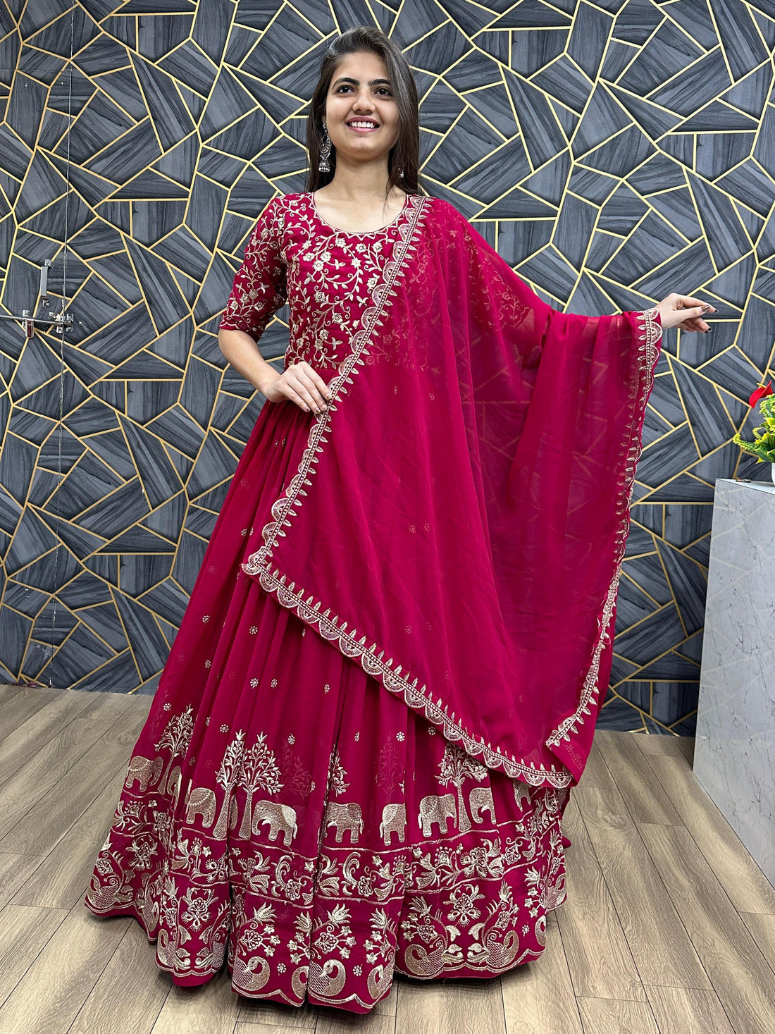 Charming Red Thread Work Georgette Wedding Wear Gown With Dupatta