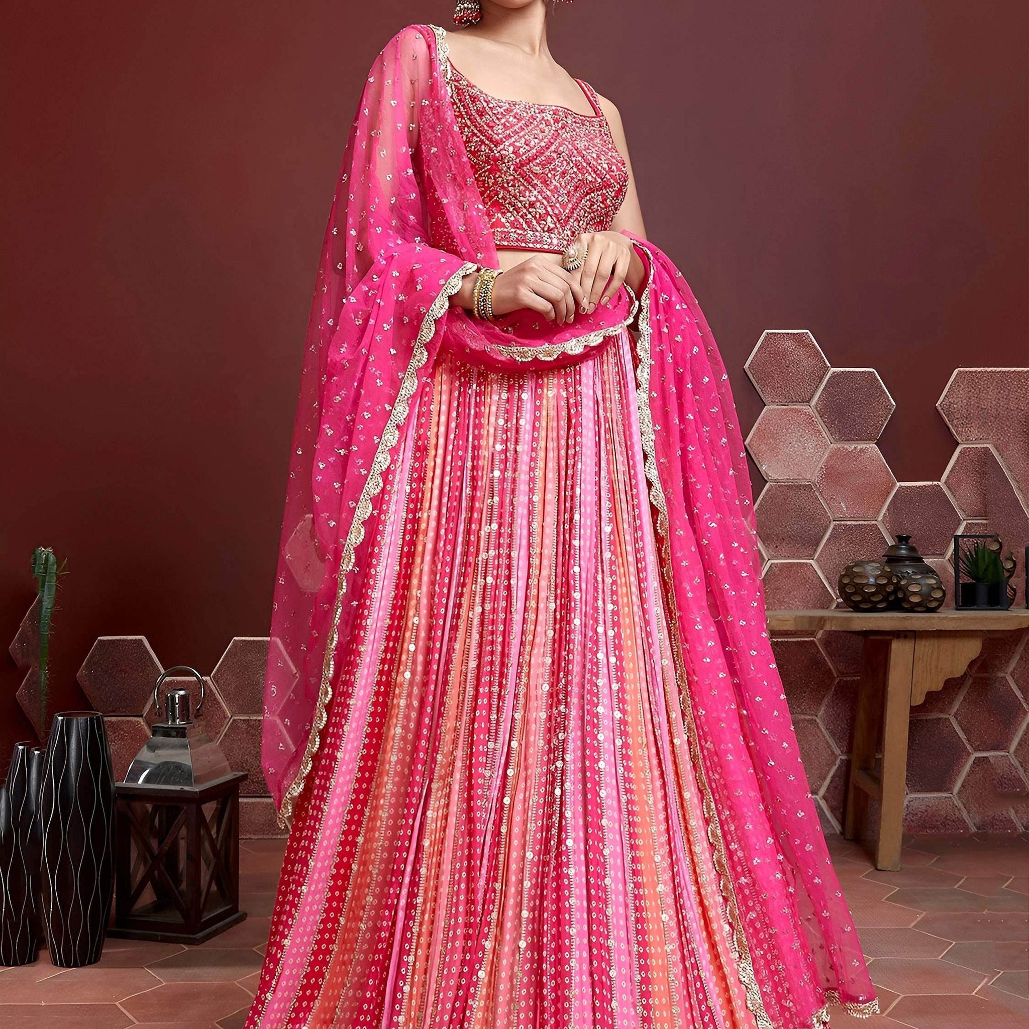 Wonderful Pink Embroidered Chinon Silk Wedding Wear Lehenga Choli