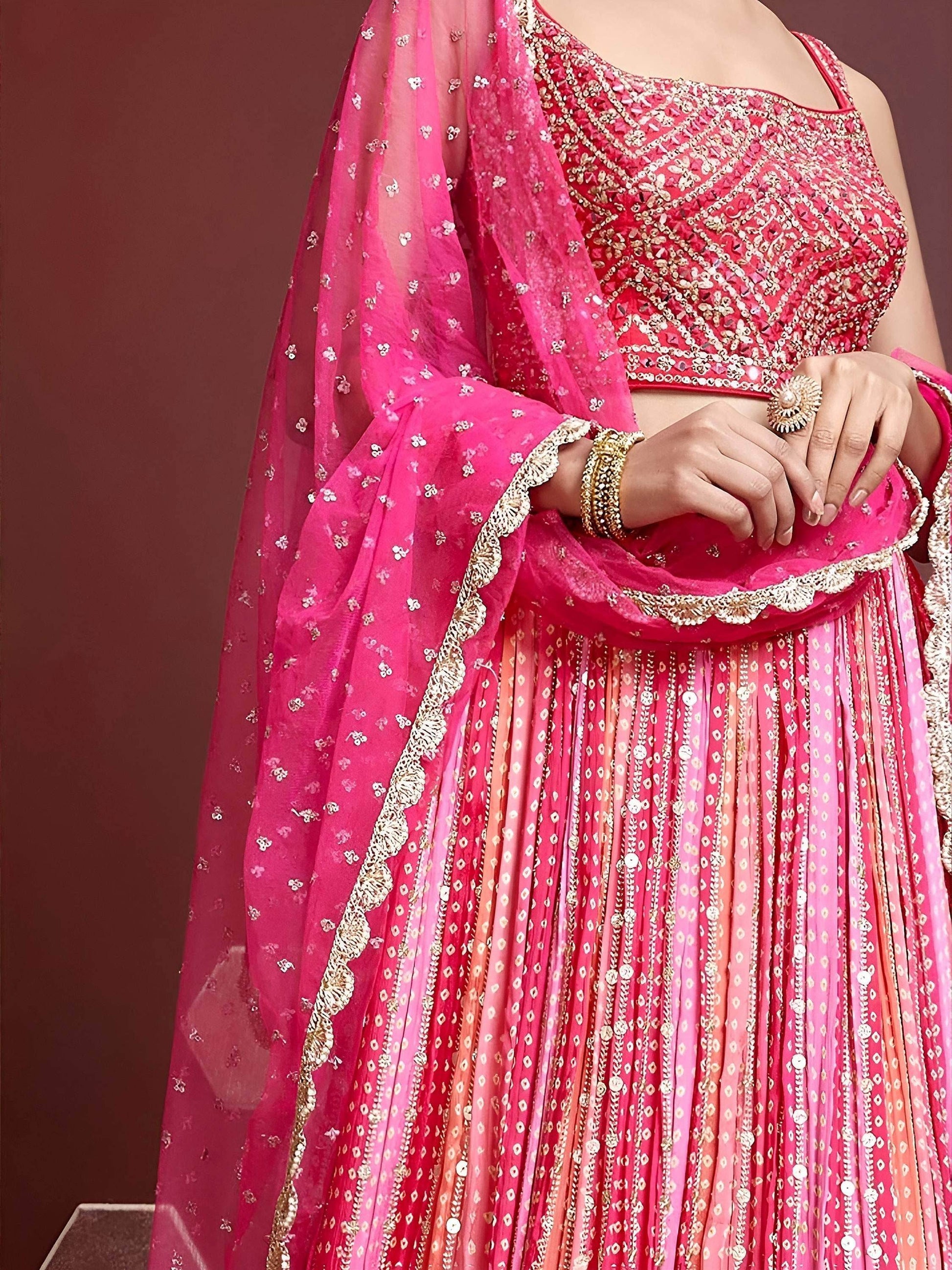 Wonderful Pink Embroidered Chinon Silk Wedding Wear Lehenga Choli