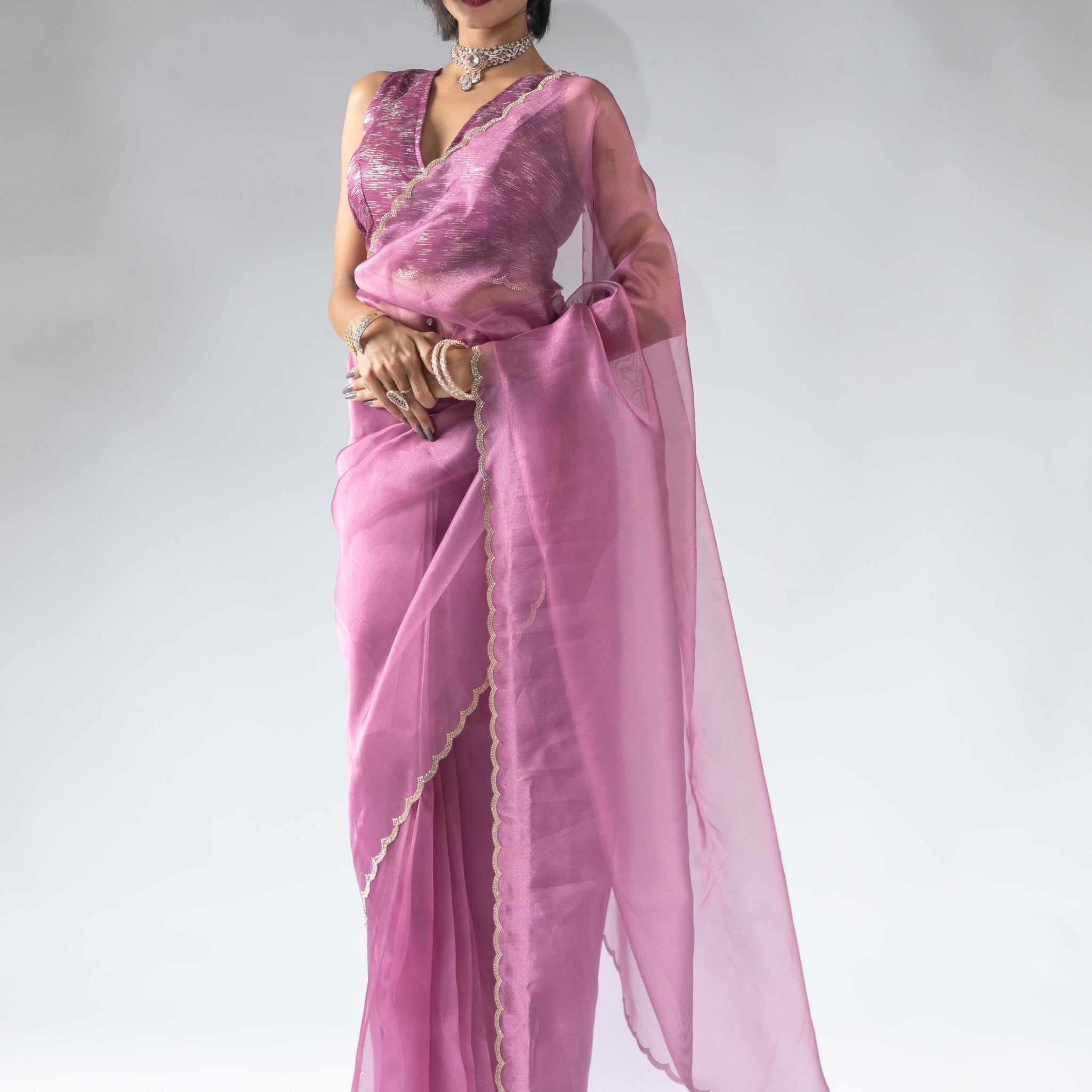 Charming Magenta Border Work Organza Pre-Stitched Saree With Blouse