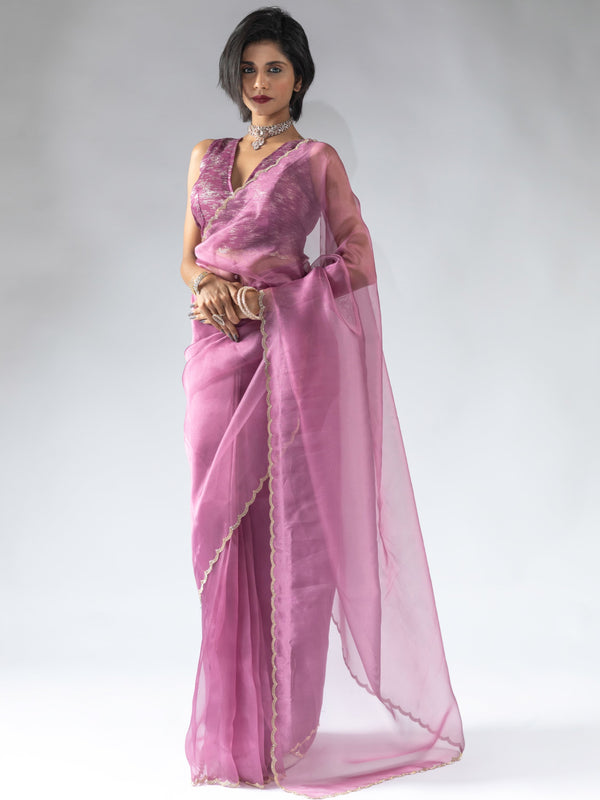 Charming Magenta Border Work Organza Pre-Stitched Saree With Blouse
