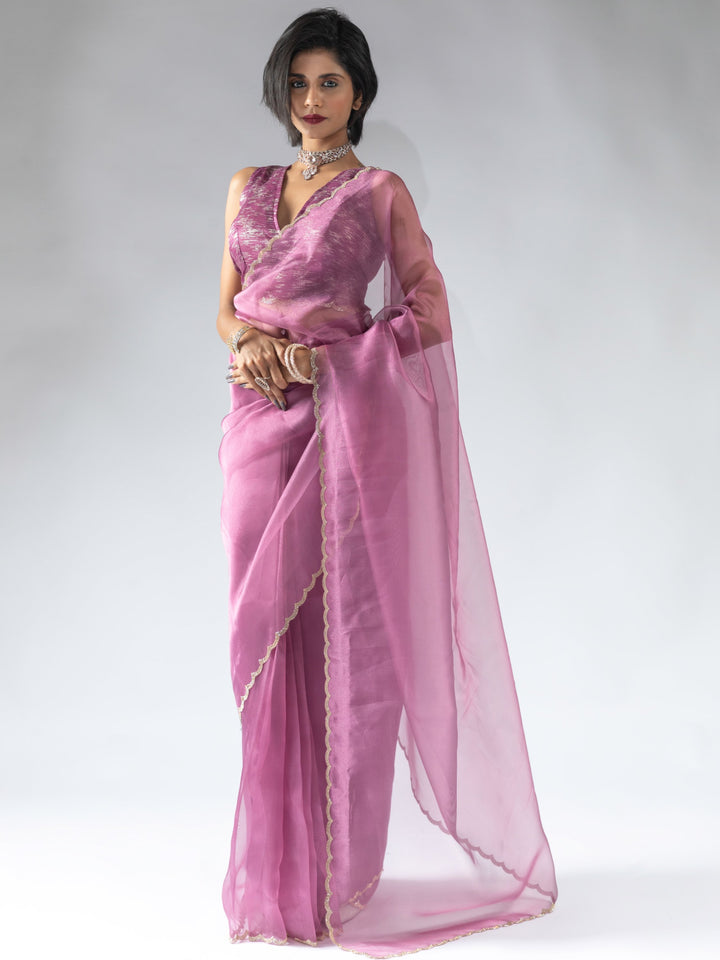 Charming Magenta Border Work Organza Pre-Stitched Saree With Blouse