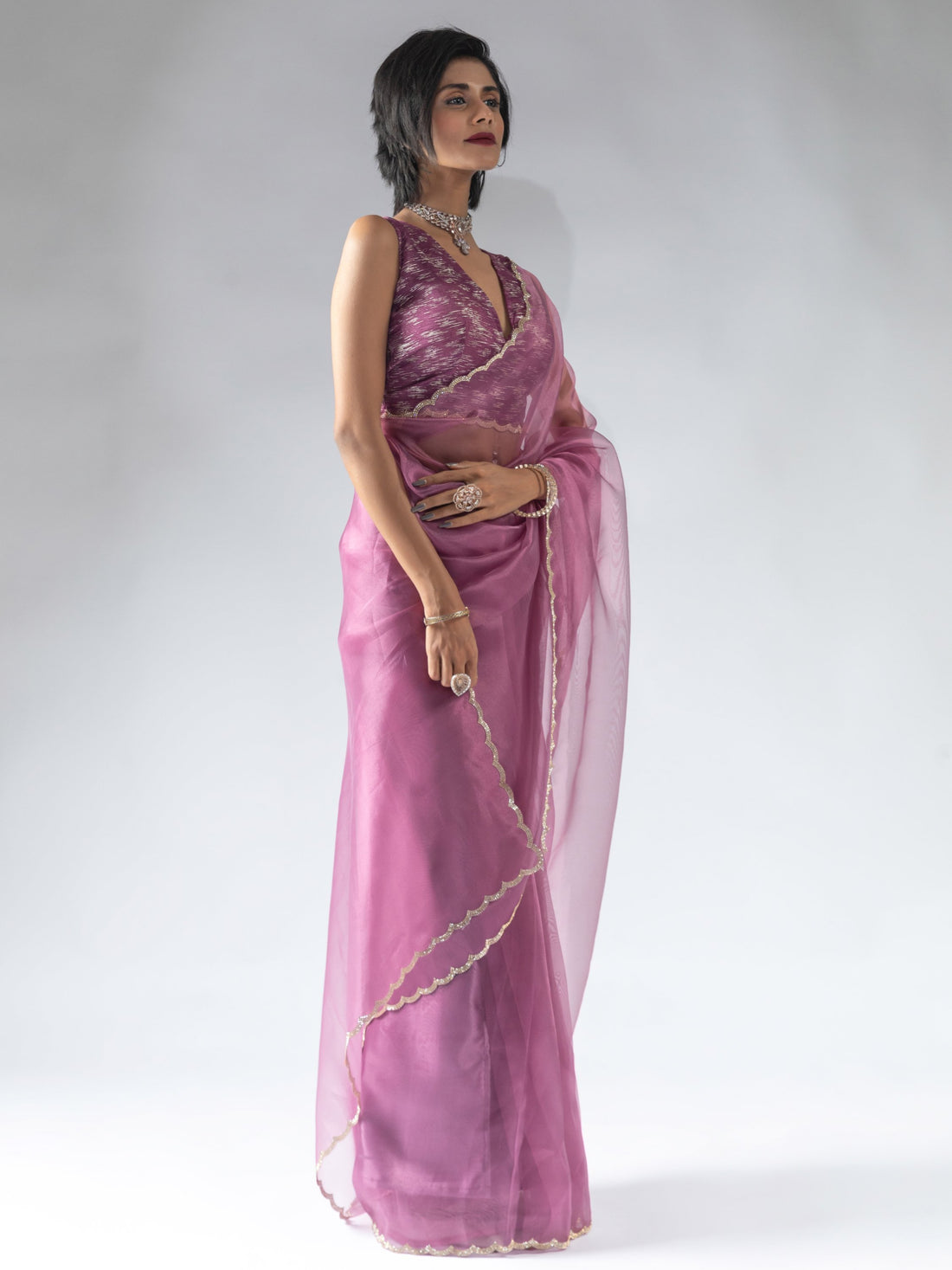 Charming Magenta Border Work Organza Pre-Stitched Saree With Blouse