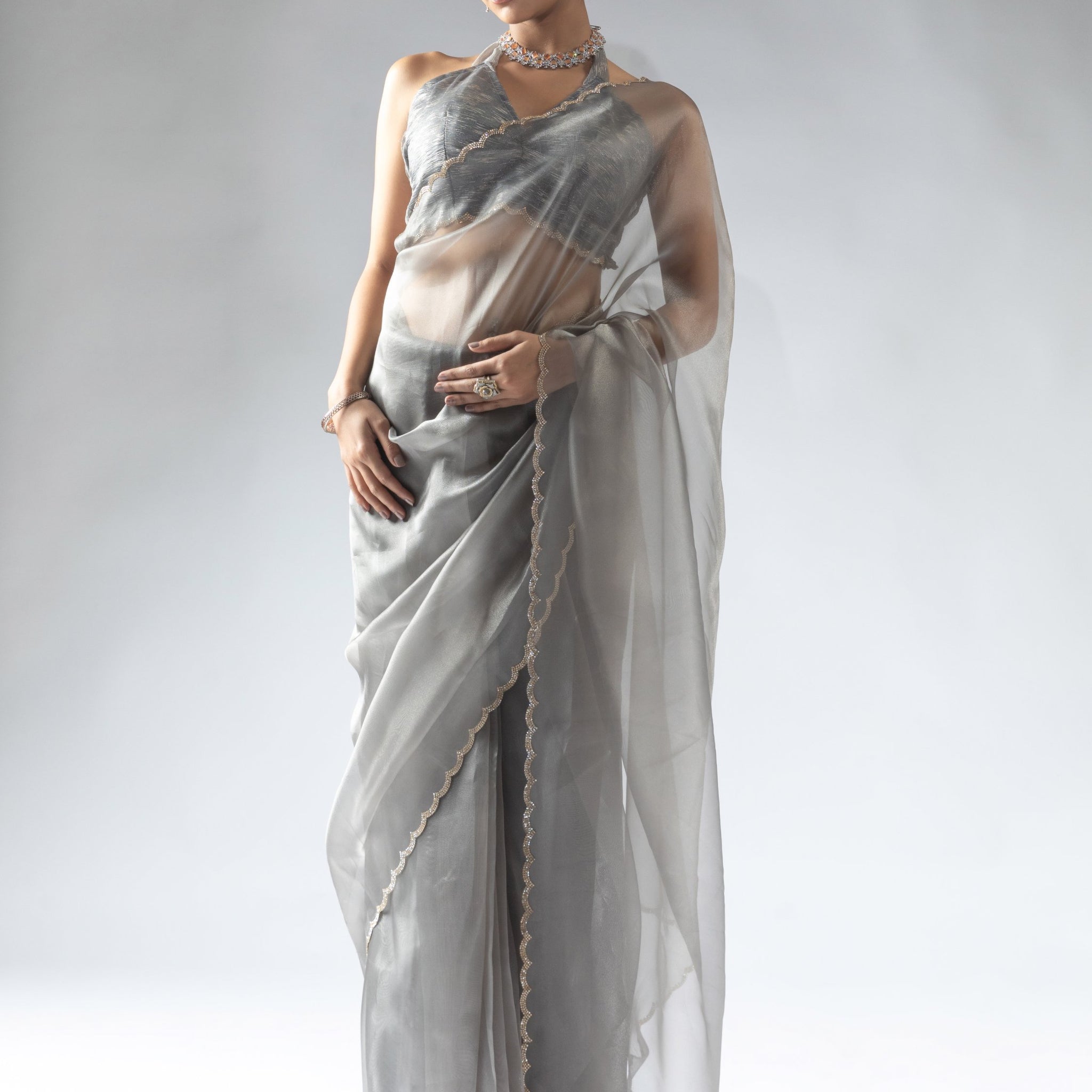 Beautiful Grey Border Work Organza Reception Wear Pre-Stitched Saree