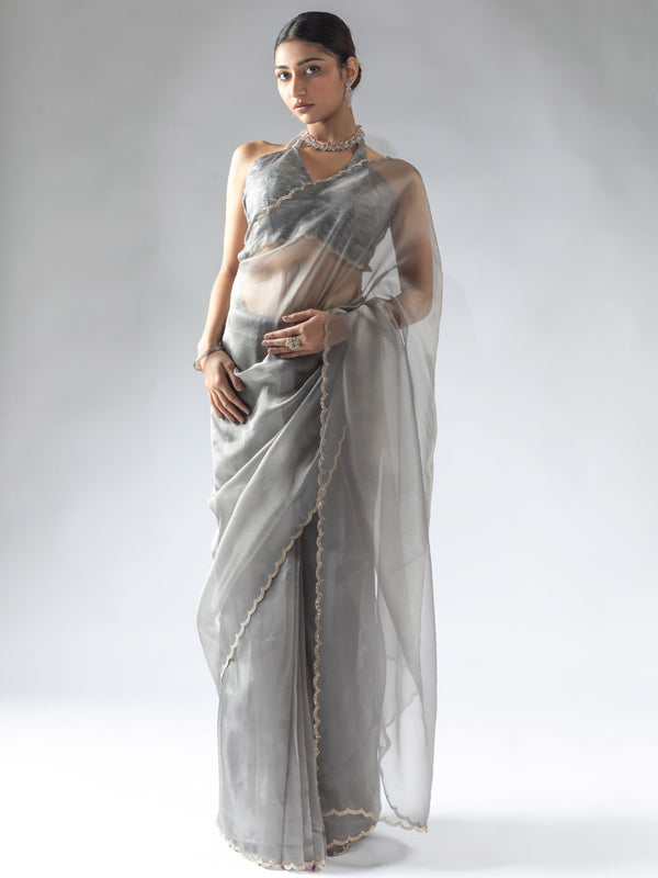 Beautiful Grey Border Work Organza Reception Wear Pre-Stitched Saree