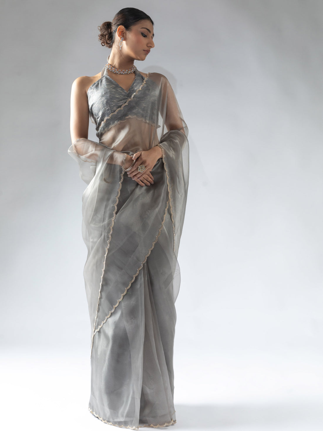 Beautiful Grey Border Work Organza Reception Wear Pre-Stitched Saree