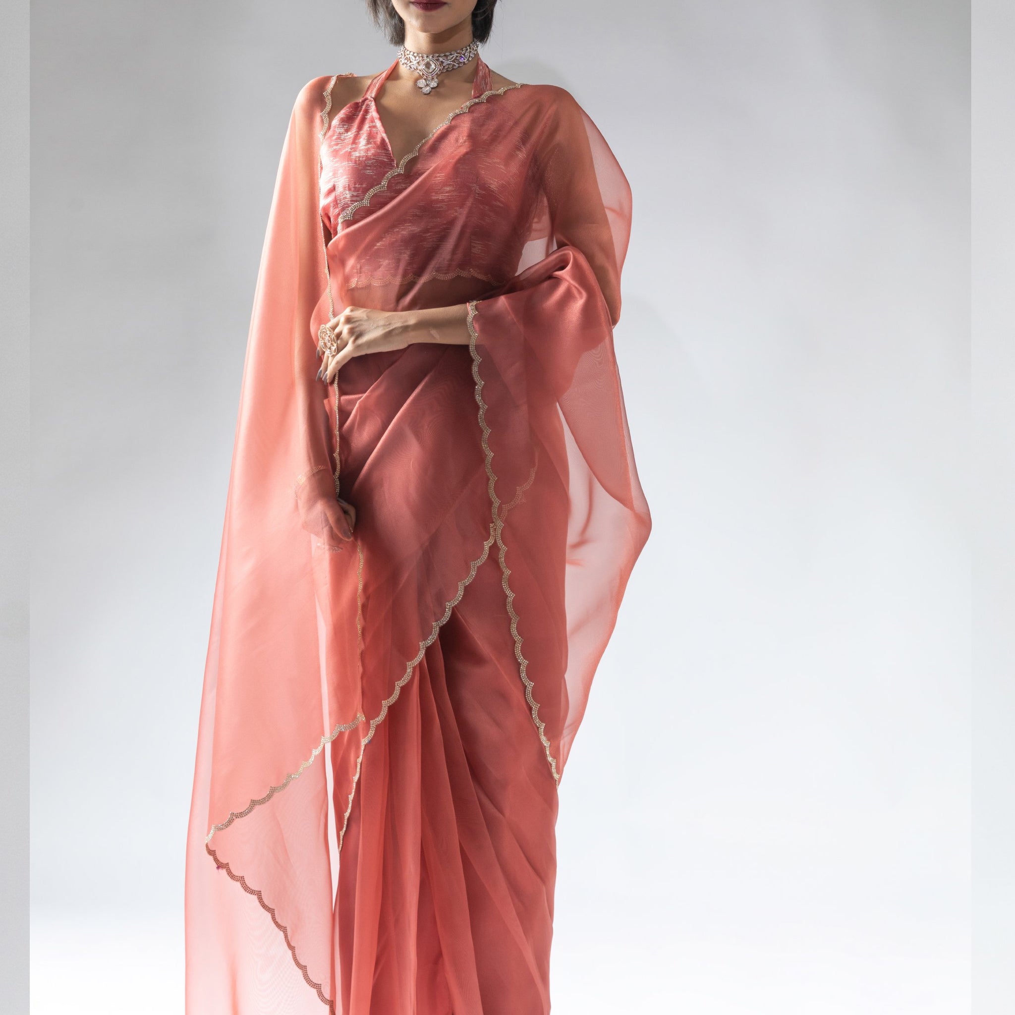 Adorable Peach Border Work Organza Party Wear Pre-Stitched Saree