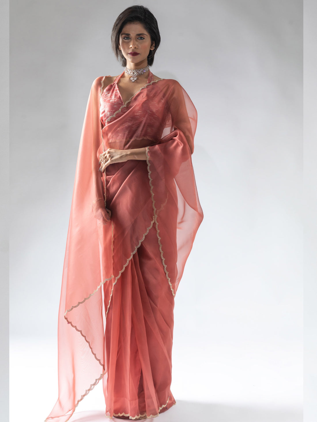 Adorable Peach Border Work Organza Party Wear Pre-Stitched Saree