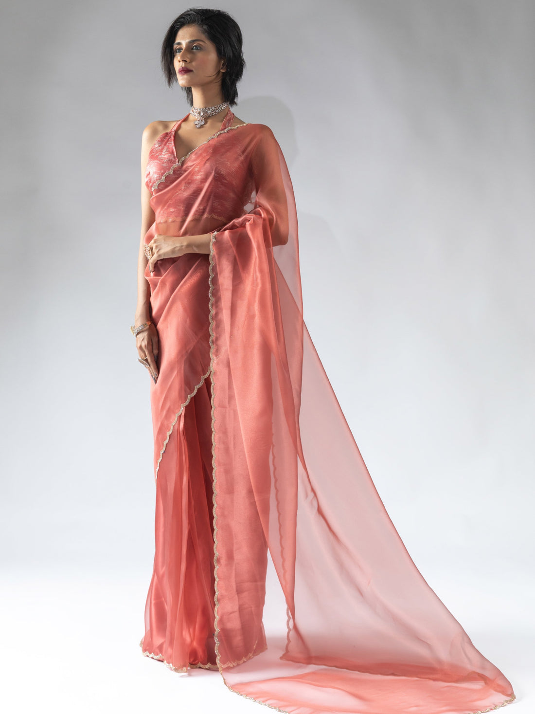 Adorable Peach Border Work Organza Party Wear Pre-Stitched Saree