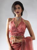 Adorable Peach Border Work Organza Party Wear Pre-Stitched Saree