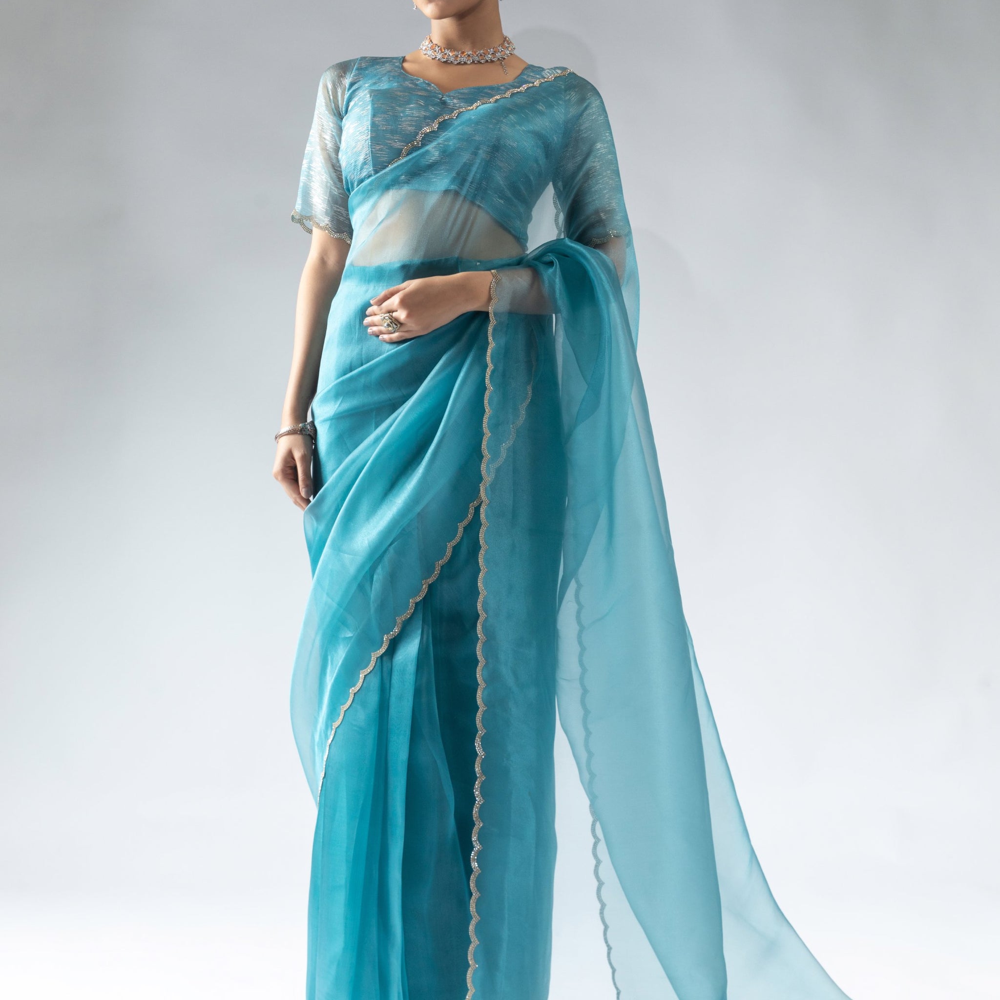 Amazing Teal Blue Border Work Organza Designer Pre-Stitched Saree With Blouse