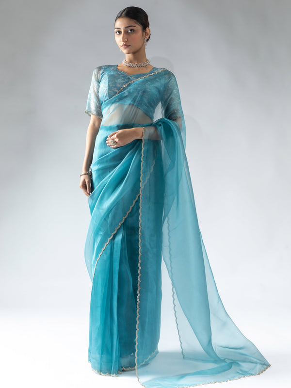 Amazing Teal Blue Border Work Organza Designer Pre-Stitched Saree With Blouse