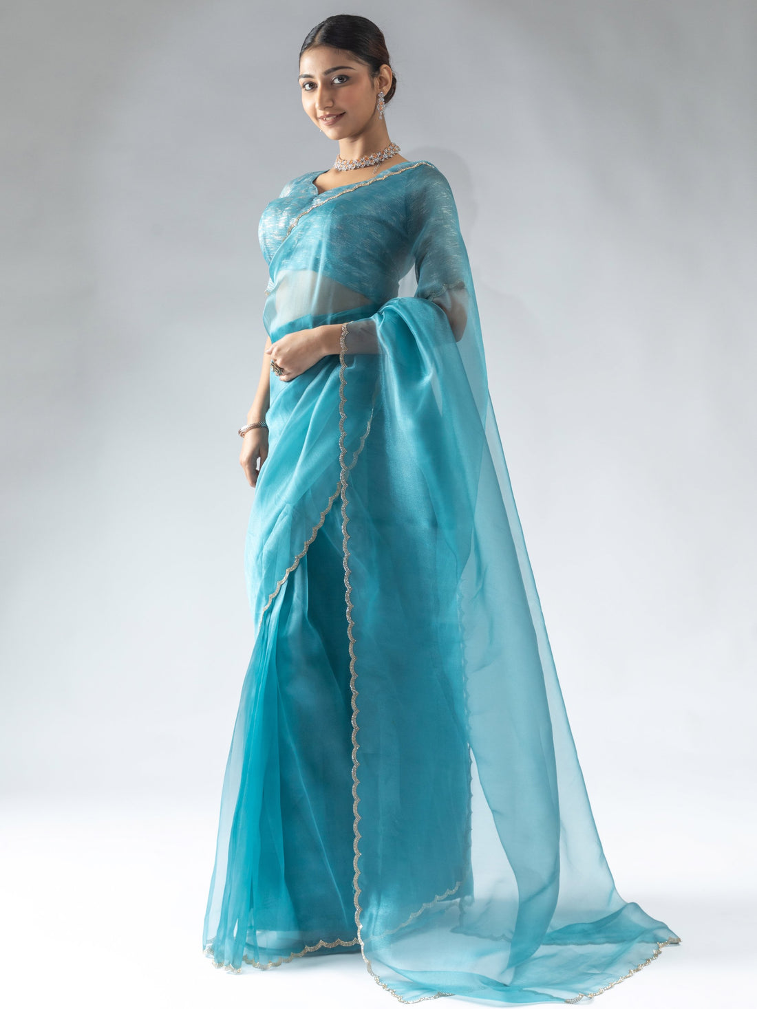 Amazing Teal Blue Border Work Organza Designer Pre-Stitched Saree With Blouse