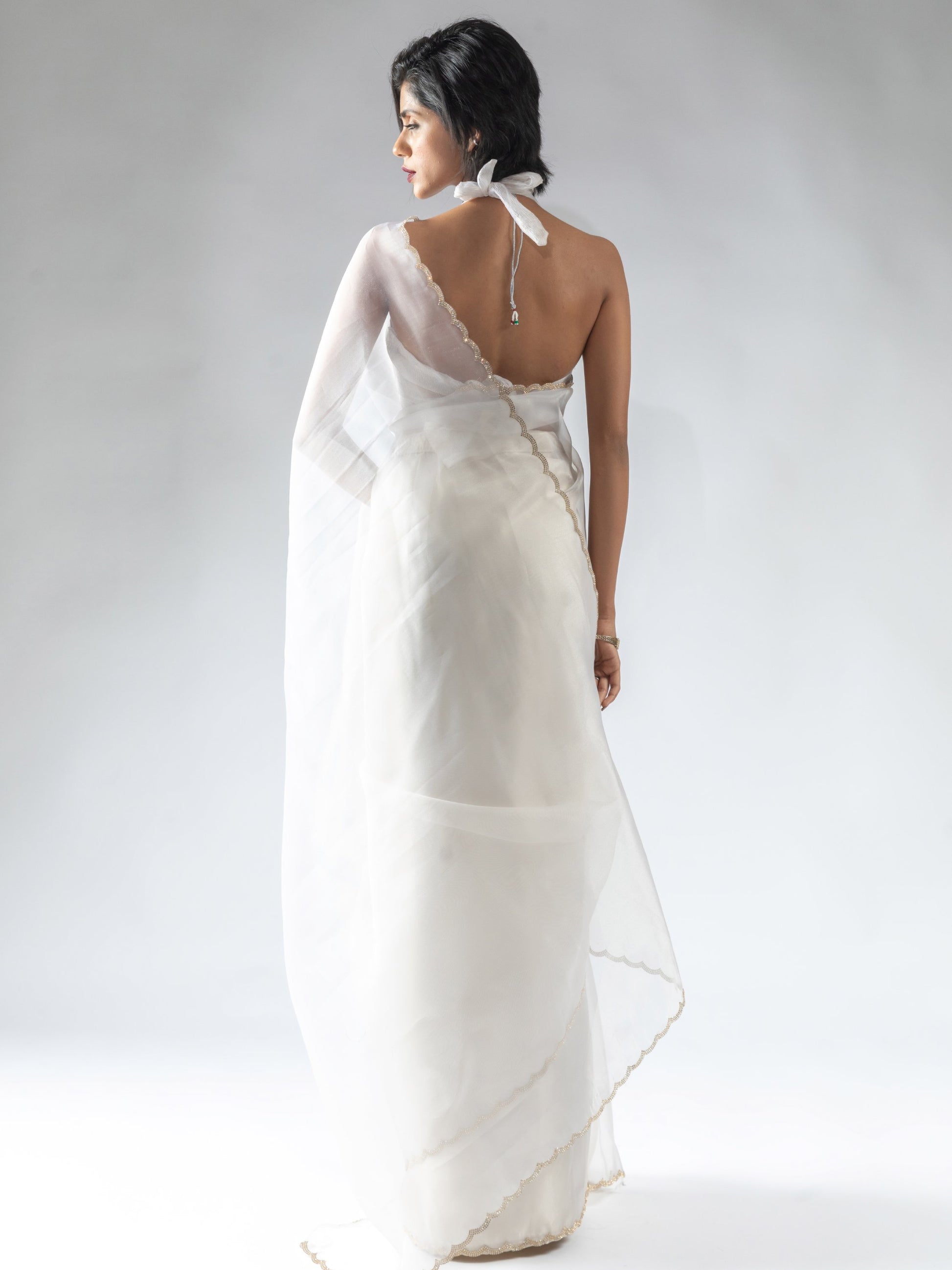 Precious White Border Work Organza Pre-Stitched Saree With Blouse