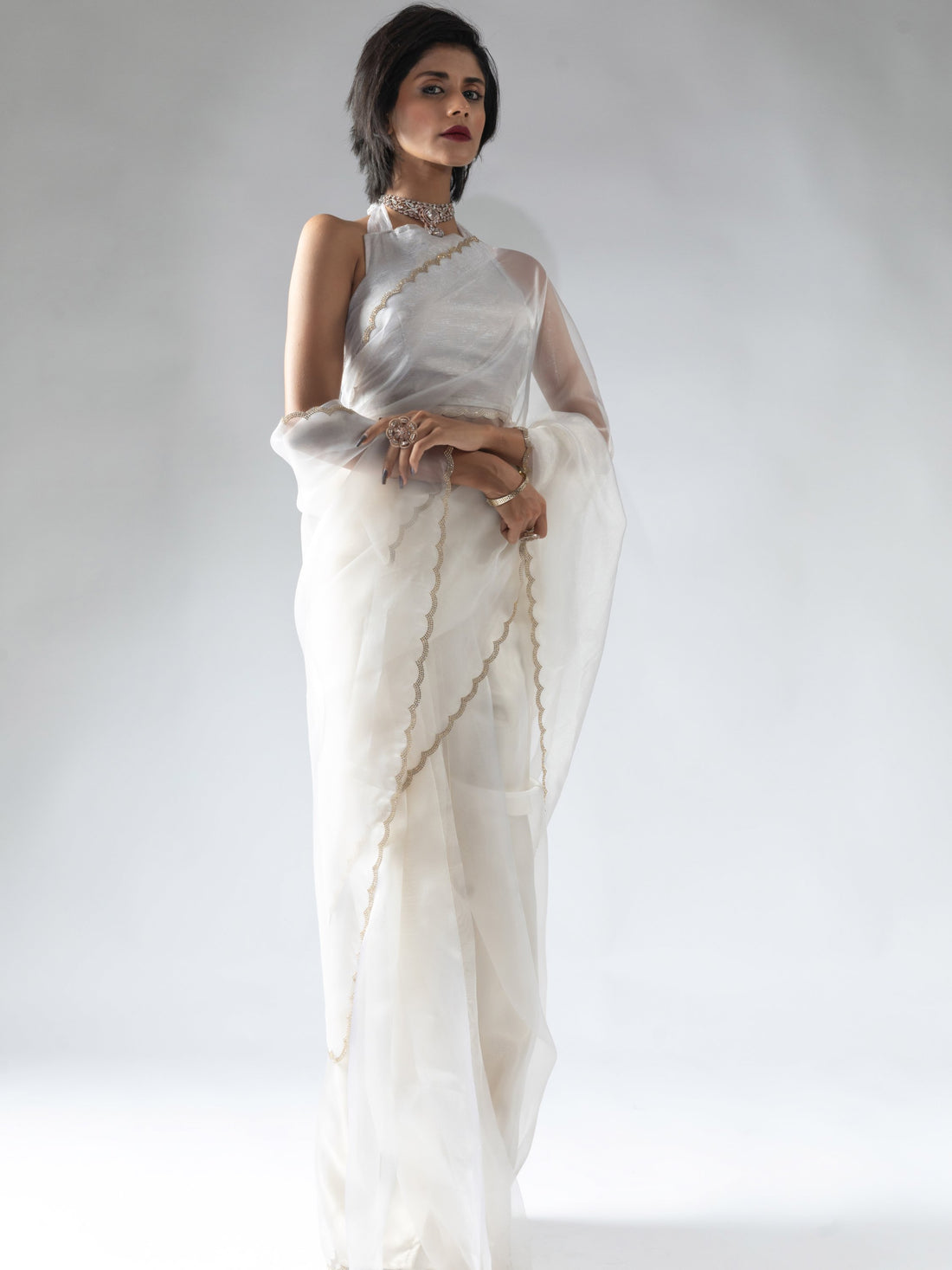 Precious White Border Work Organza Pre-Stitched Saree With Blouse