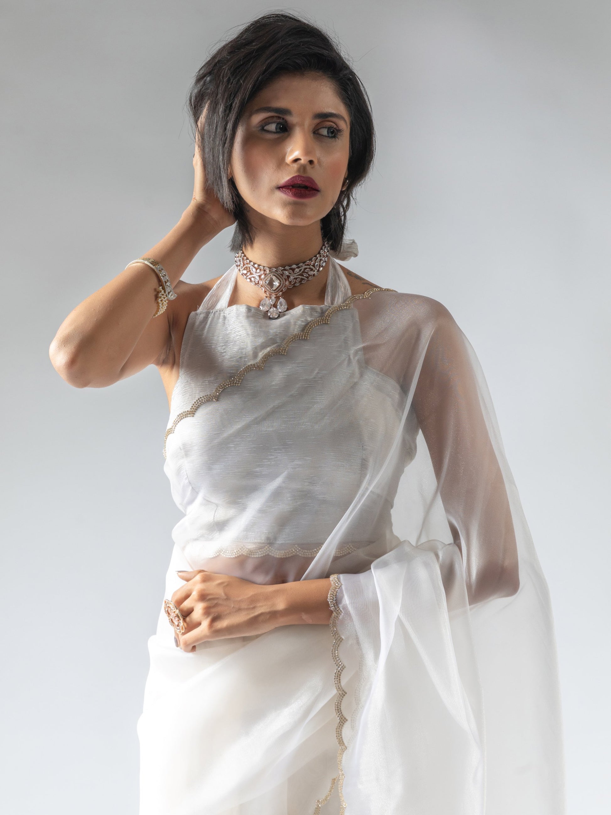 Precious White Border Work Organza Pre-Stitched Saree With Blouse
