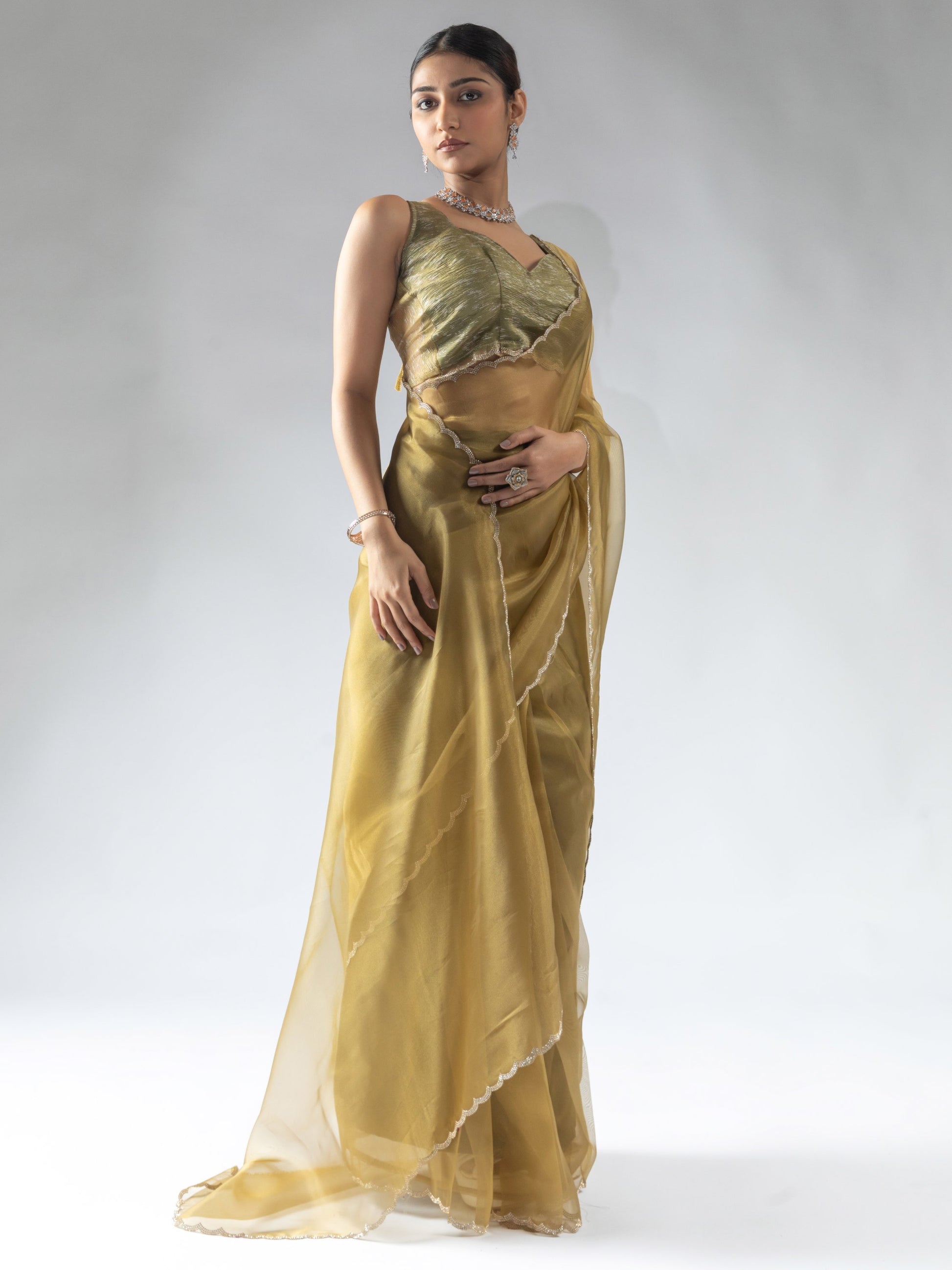 Attractive Mustard Yellow Border Work Organza Event Wear Pre-Stitched Saree