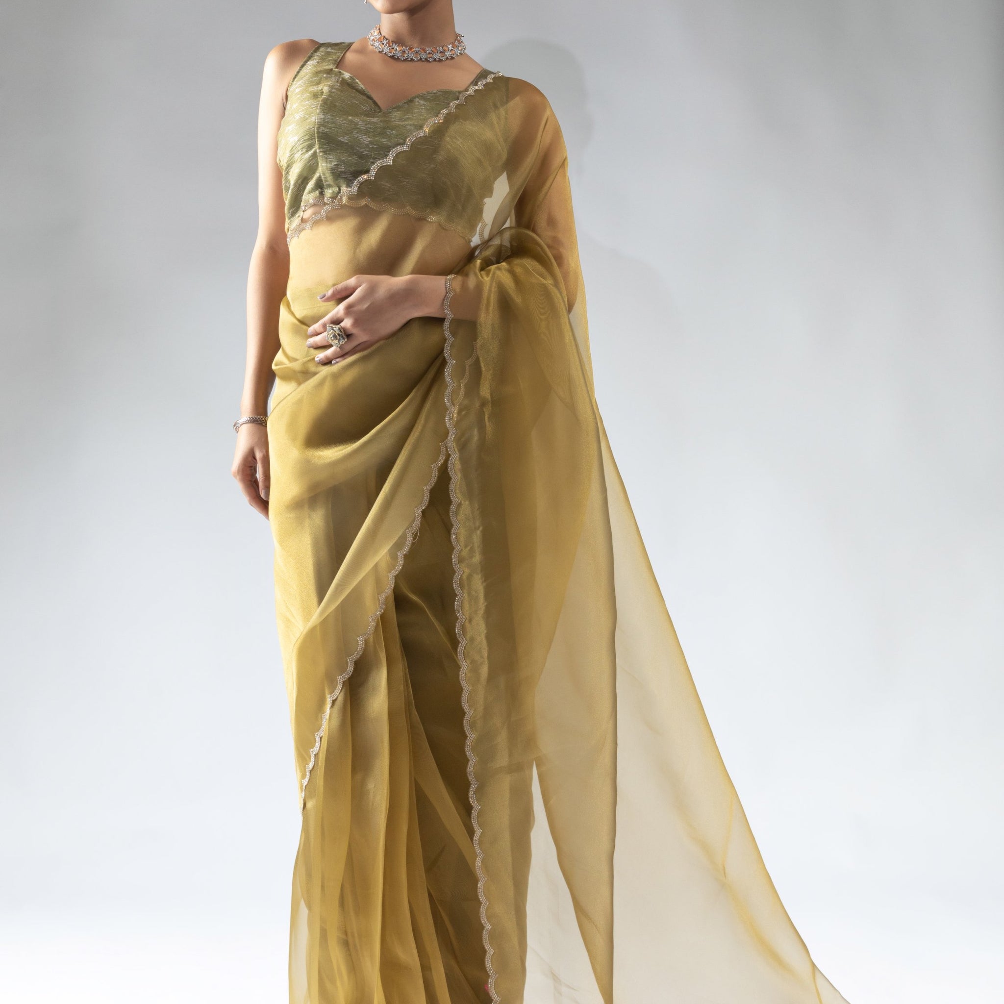 Attractive Mustard Yellow Border Work Organza Event Wear Pre-Stitched Saree