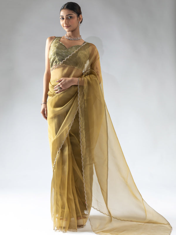 Attractive Mustard Yellow Border Work Organza Event Wear Pre-Stitched Saree