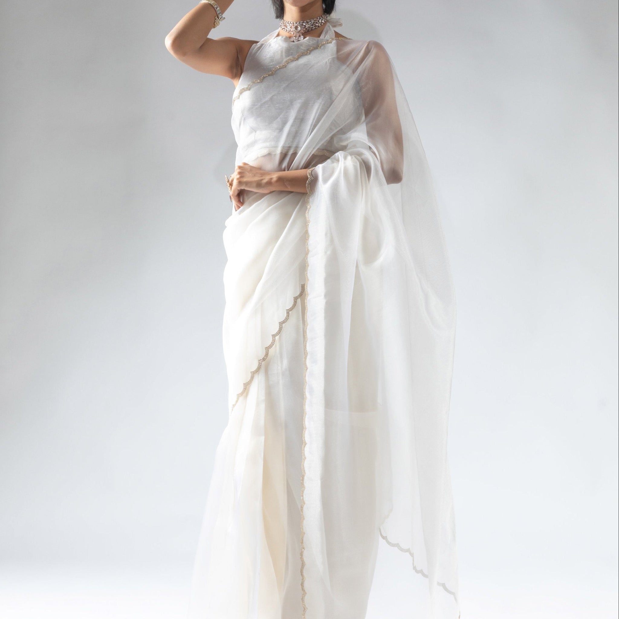 Precious White Border Work Organza Pre-Stitched Saree With Blouse