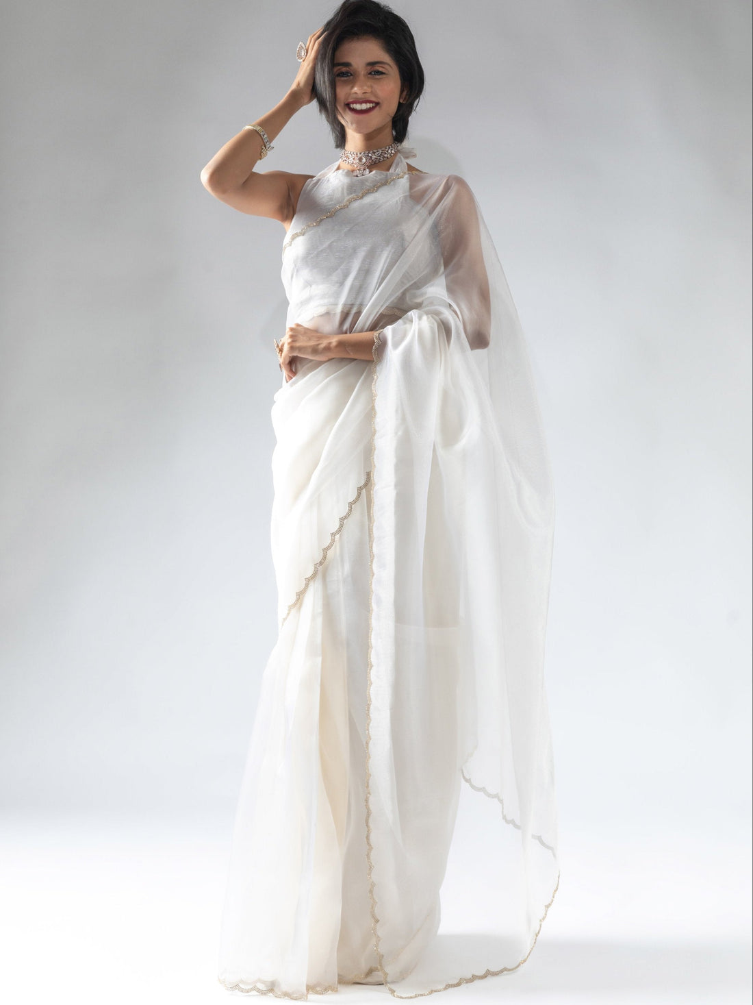 Precious White Border Work Organza Pre-Stitched Saree With Blouse
