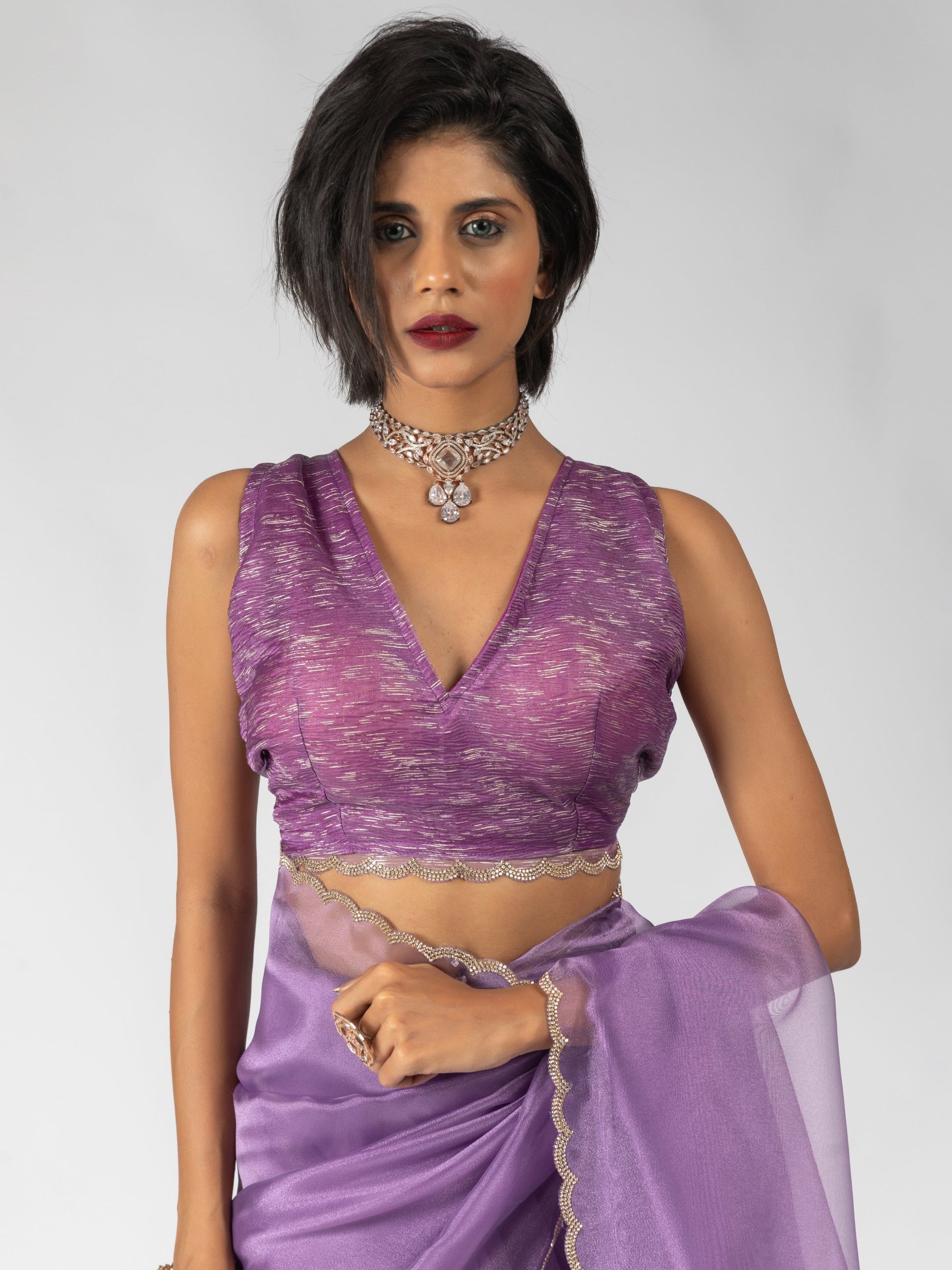 Marvelous Purple Border Work Organza Bollywood Pre-Stitched Saree With Blouse 