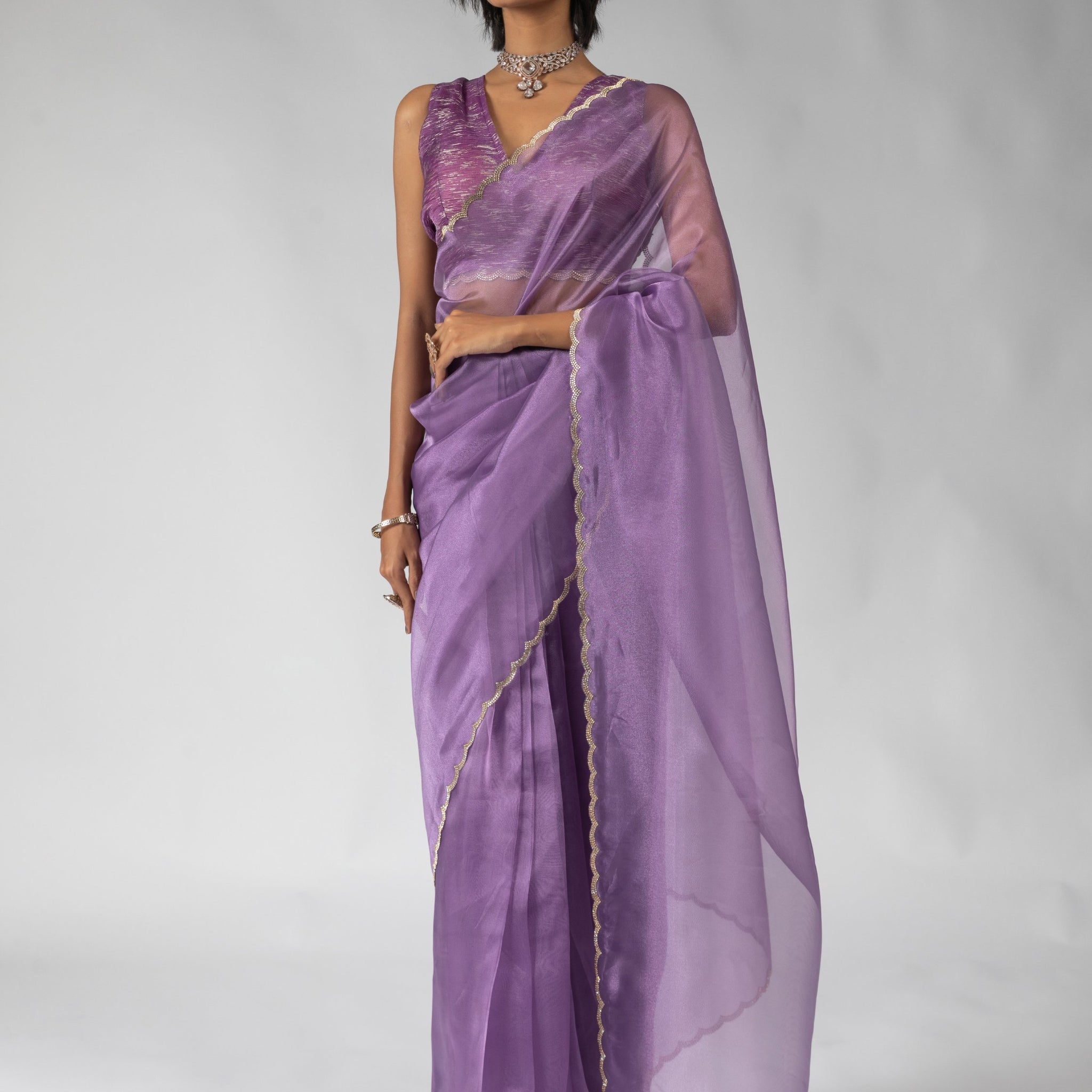 Marvelous Purple Border Work Organza Bollywood Pre-Stitched Saree With Blouse 