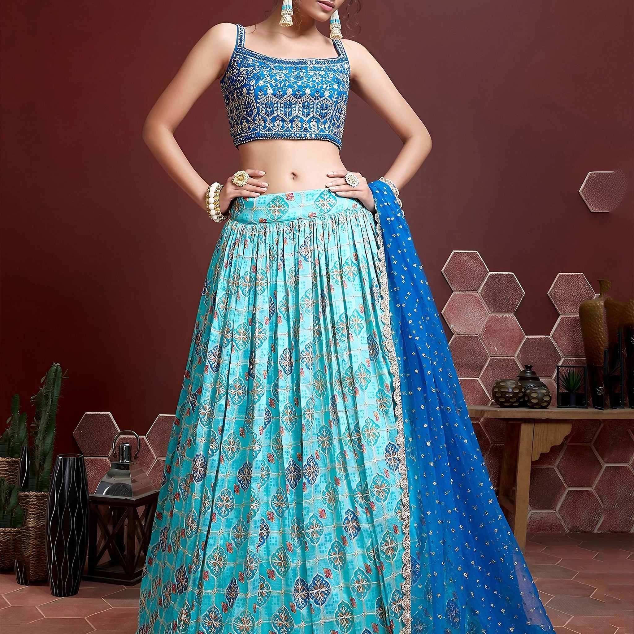 Elegant Sky Blue Fancy Printed Chinon Silk Lehenga Choli With Dupatta